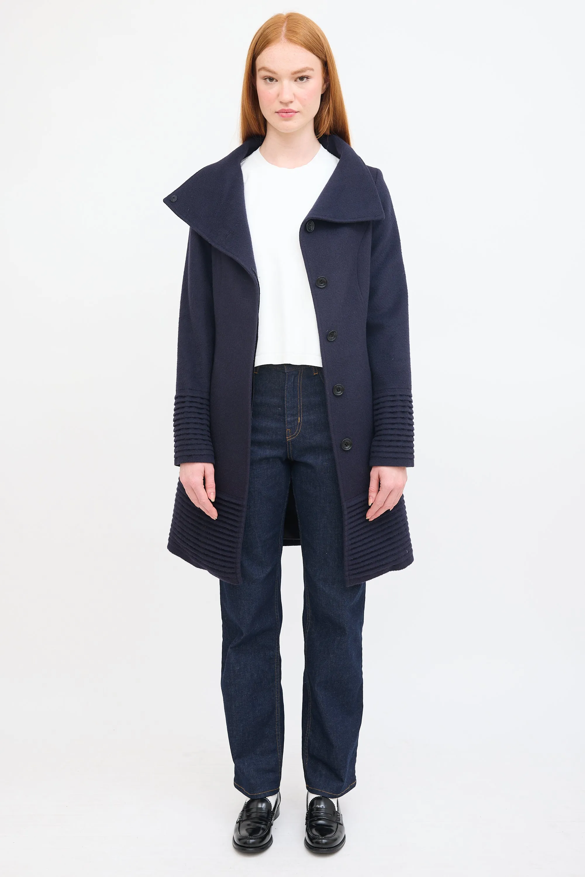 Navy Wool Belted Mid Length Coat