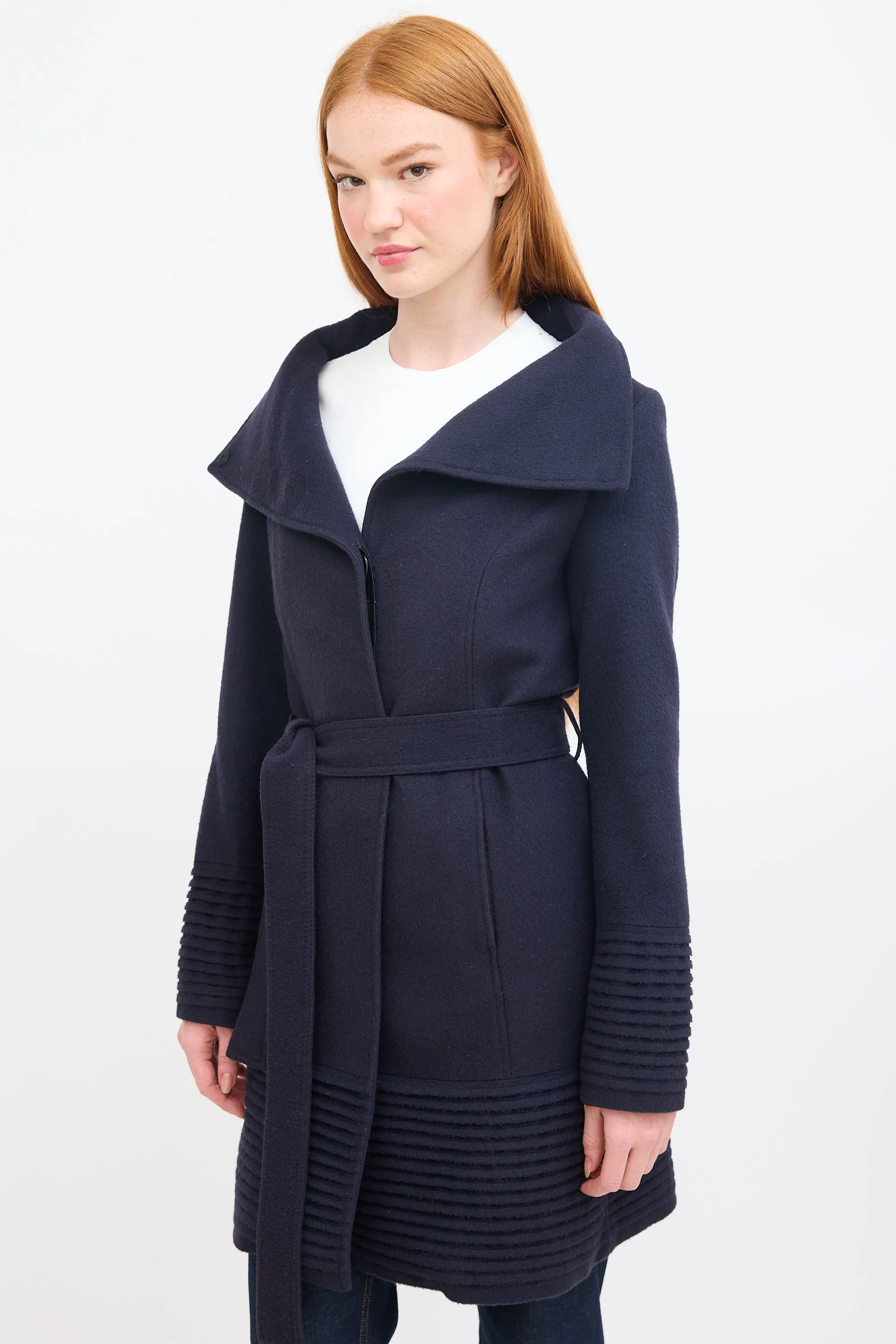 Navy Wool Belted Mid Length Coat