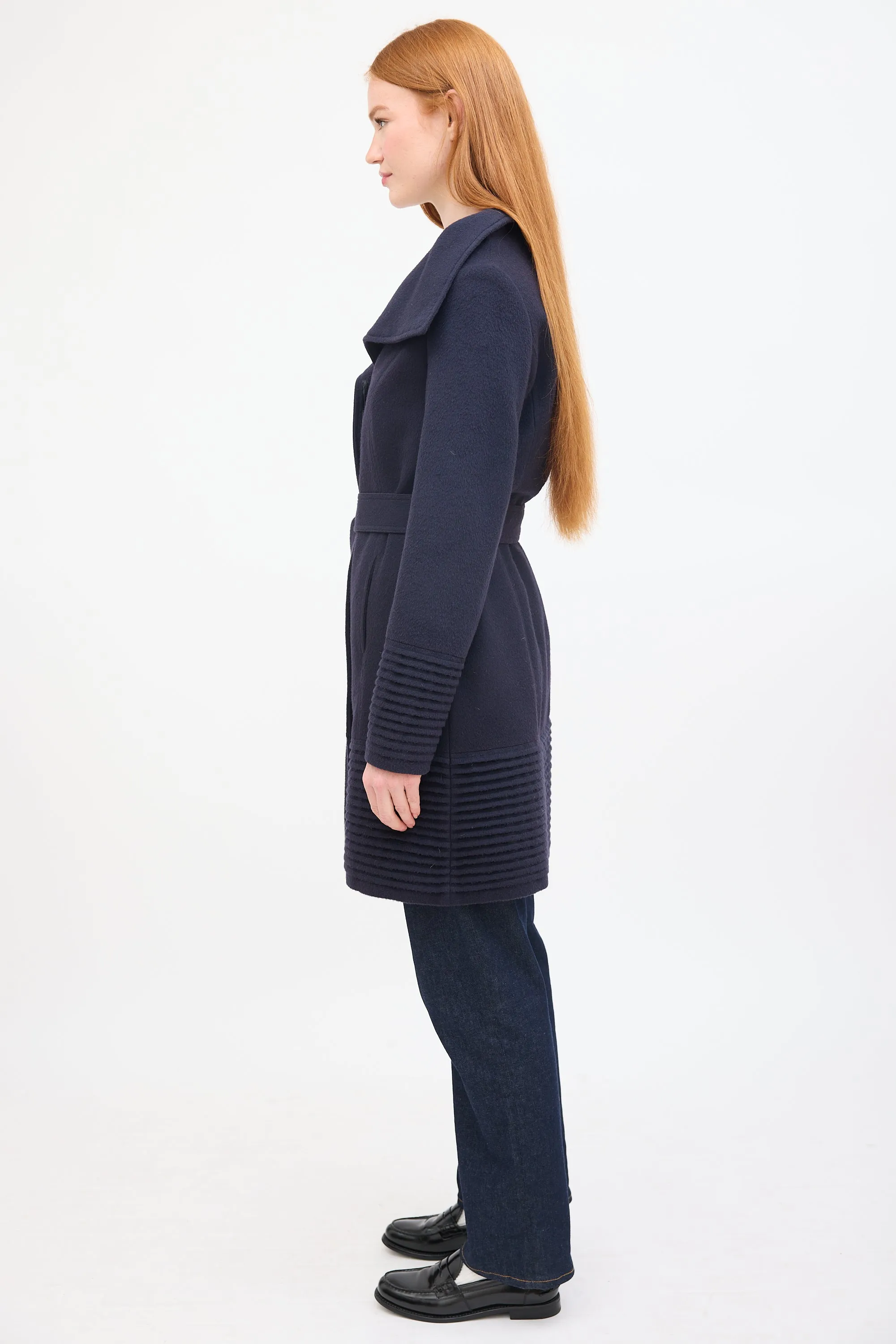 Navy Wool Belted Mid Length Coat