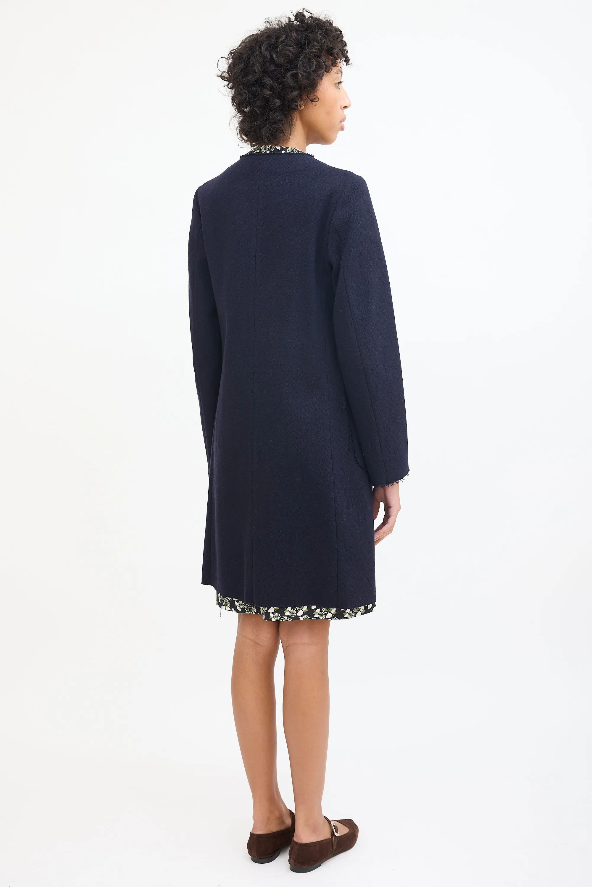 Navy Wool Raw Edge Mid Length Coat