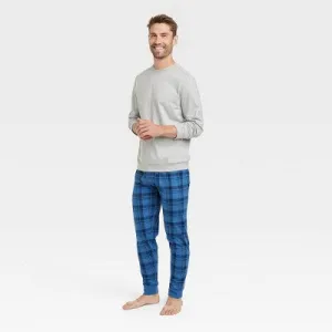 New - Men's 2pc Plaid Joggers and Long Sleeve Crewneck T-Shirt Pajama Set - Goodfellow & Co Blue XL