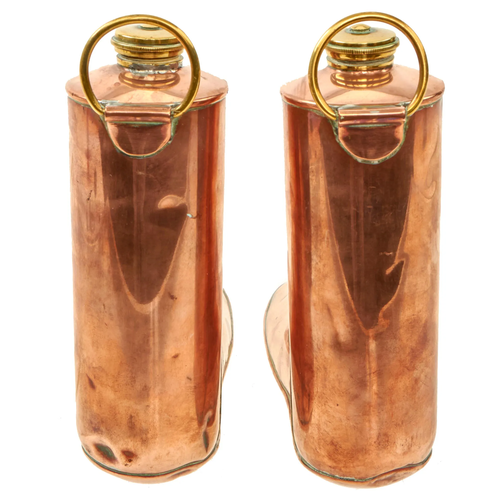 Original British WWII Pair of Copper Boot Warmers / Flasks Named to WWI Flying Ace Capt. P. Carpenter R.F.C. by Army & Navy C.S.L.