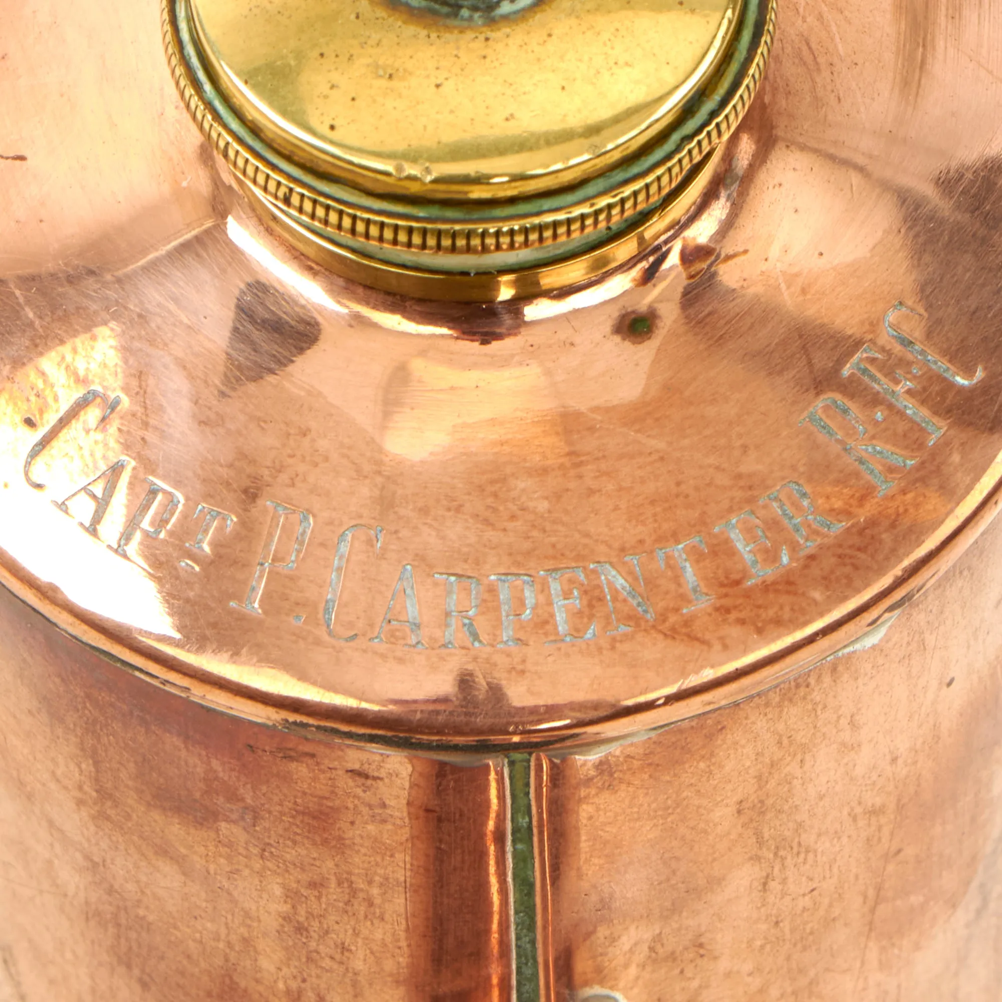 Original British WWII Pair of Copper Boot Warmers / Flasks Named to WWI Flying Ace Capt. P. Carpenter R.F.C. by Army & Navy C.S.L.