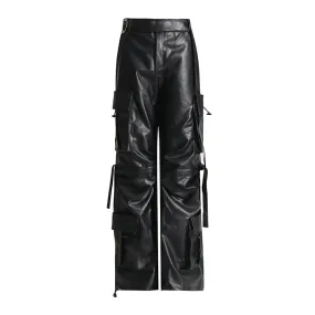 Patchwork Pockets Casual Leather Trousers For Women High Waist Spliced Drawstring Streetwear Loose Cargo Pants Female