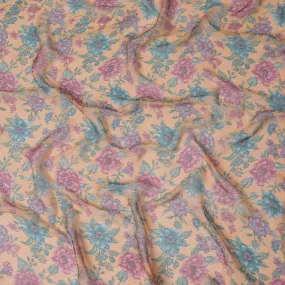 Peach Blossom Silk Chiffon Fabric - Vibrant Floral Print, 110cm Wide - Buy in Meters for Elegant Garments and DÃ©cor-D18168