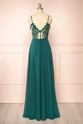 Peggie Emerald | Chiffon Maxi Dress w/ Back Embroidery