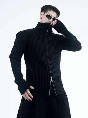 Personality Darkwear Double Zipper Sweater Casual Versatile Stripe Solid Color Zipper Male Pullover 9A5549