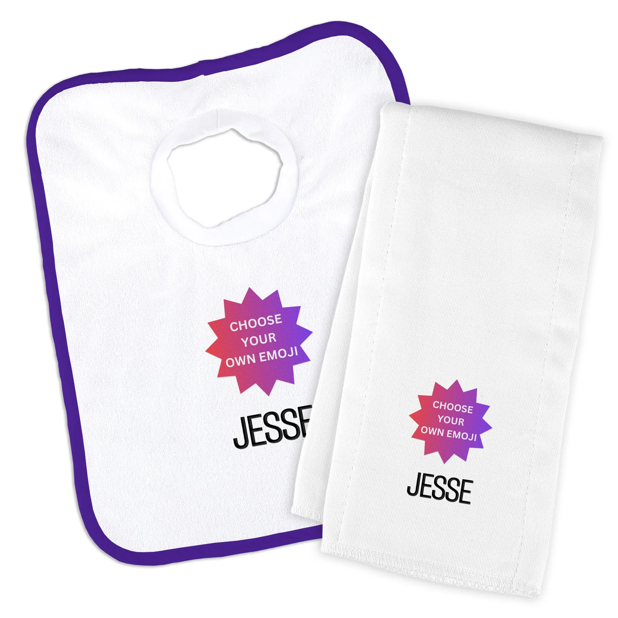 Personalized Choose Your Own Emoji Bib & Burp Cloth Set