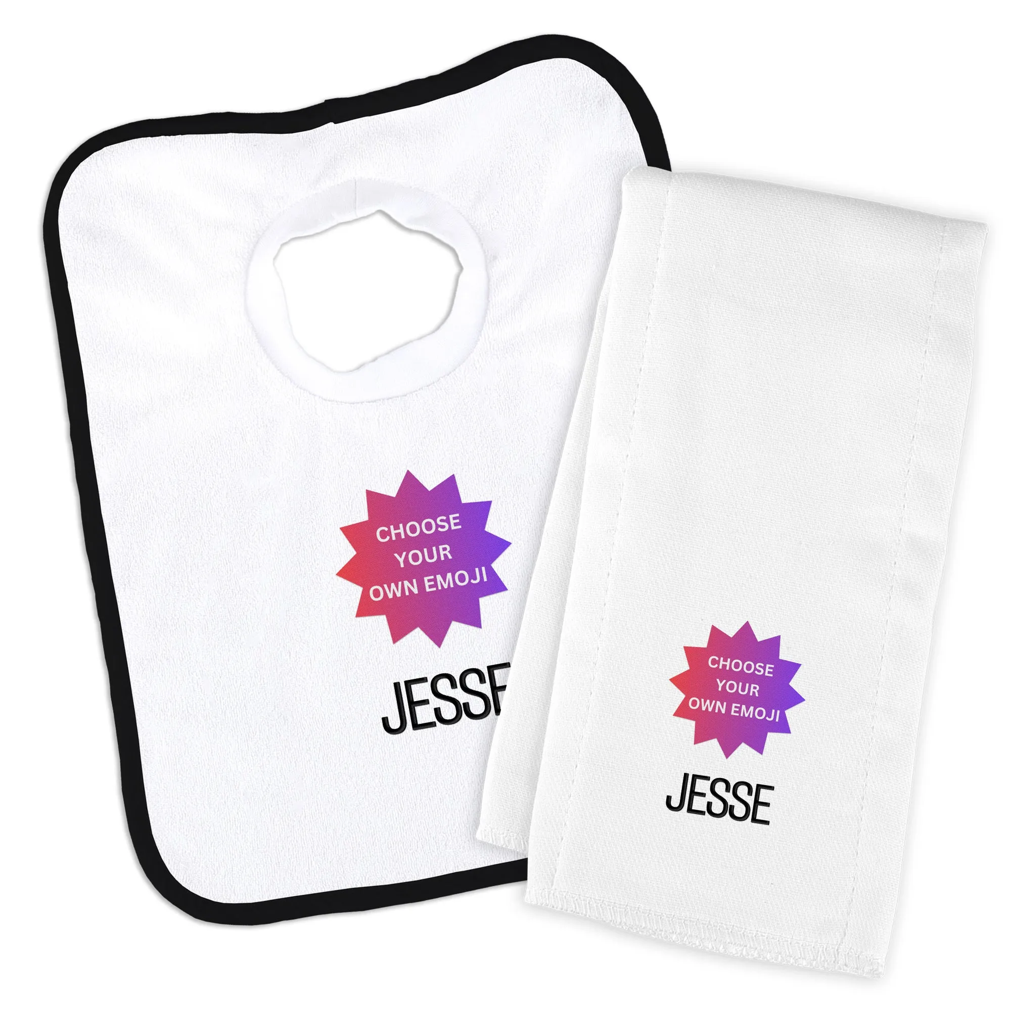 Personalized Choose Your Own Emoji Bib & Burp Cloth Set