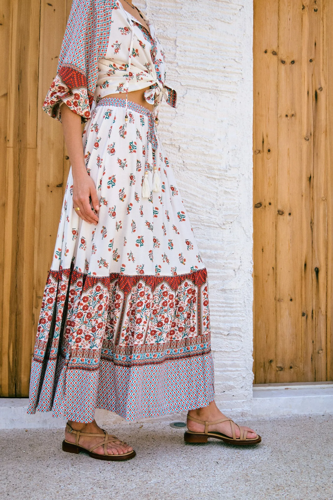 Petunia Red Floral Boho Maxi Skirt