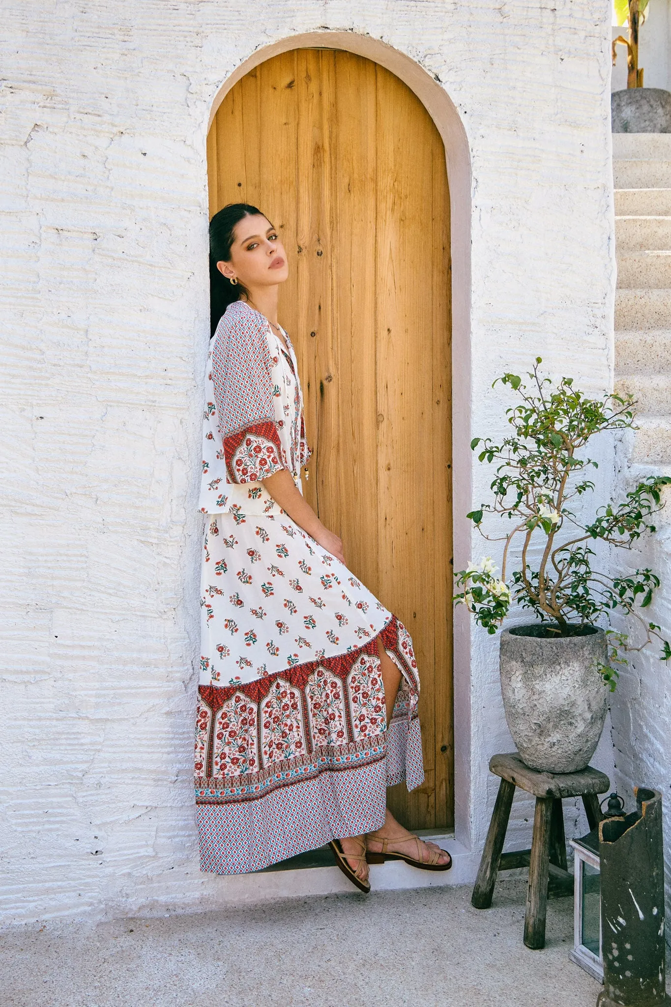 Petunia Red Floral Boho Maxi Skirt