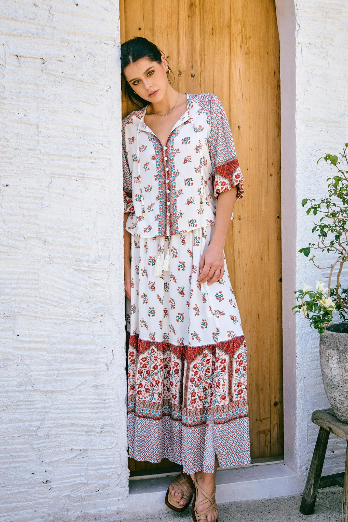 Petunia Red Floral Boho Maxi Skirt