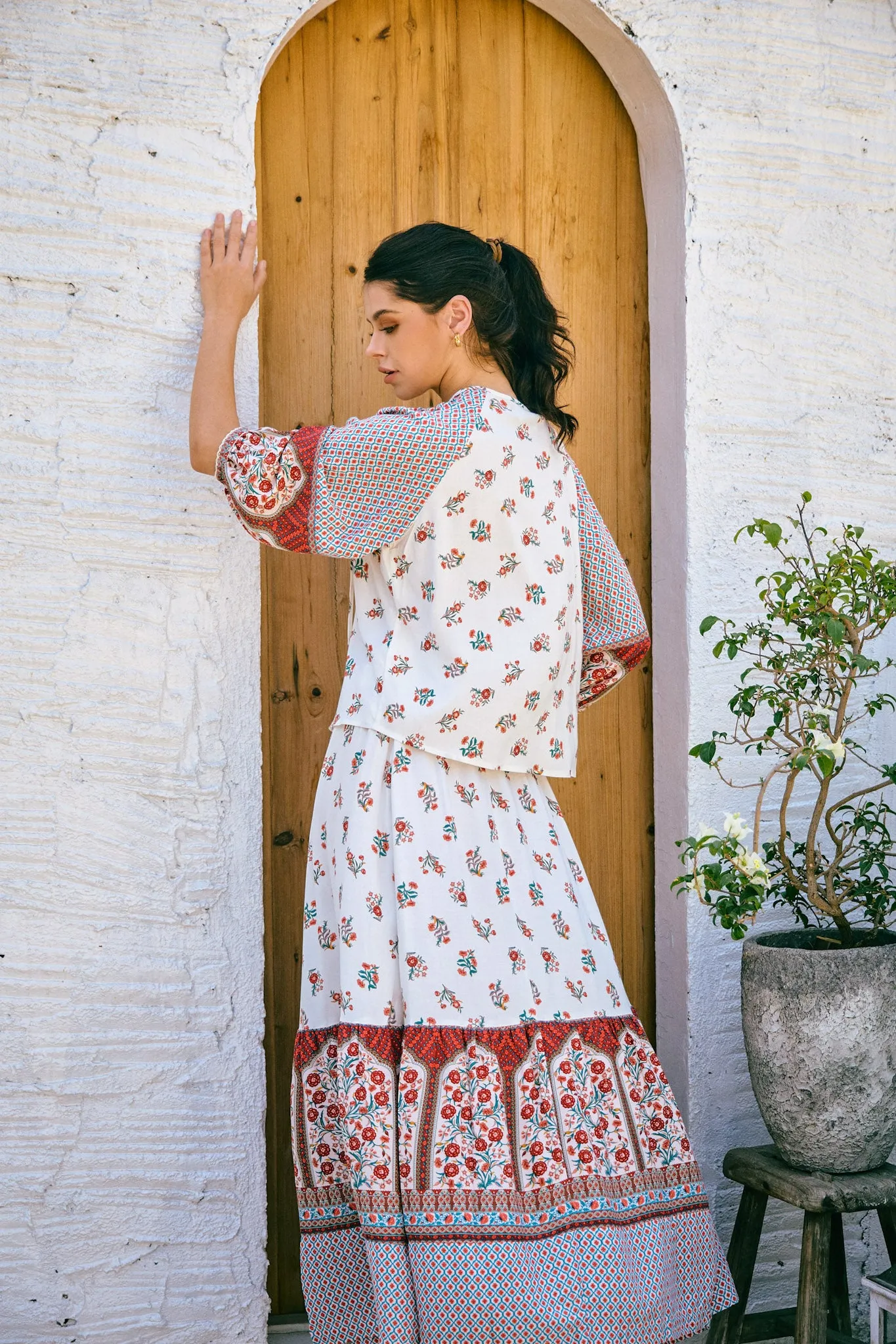 Petunia Red Floral Boho Maxi Skirt