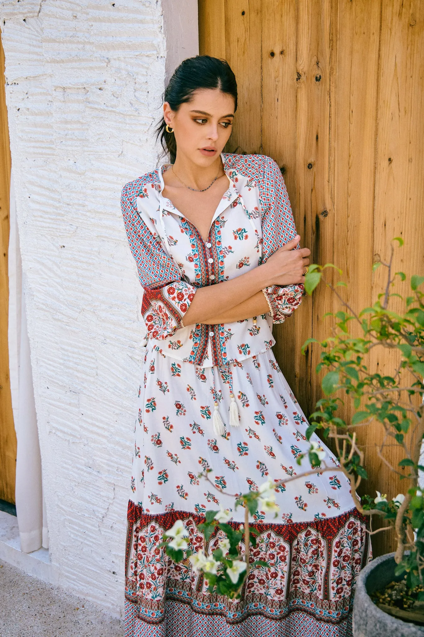 Petunia Red Floral Boho Maxi Skirt