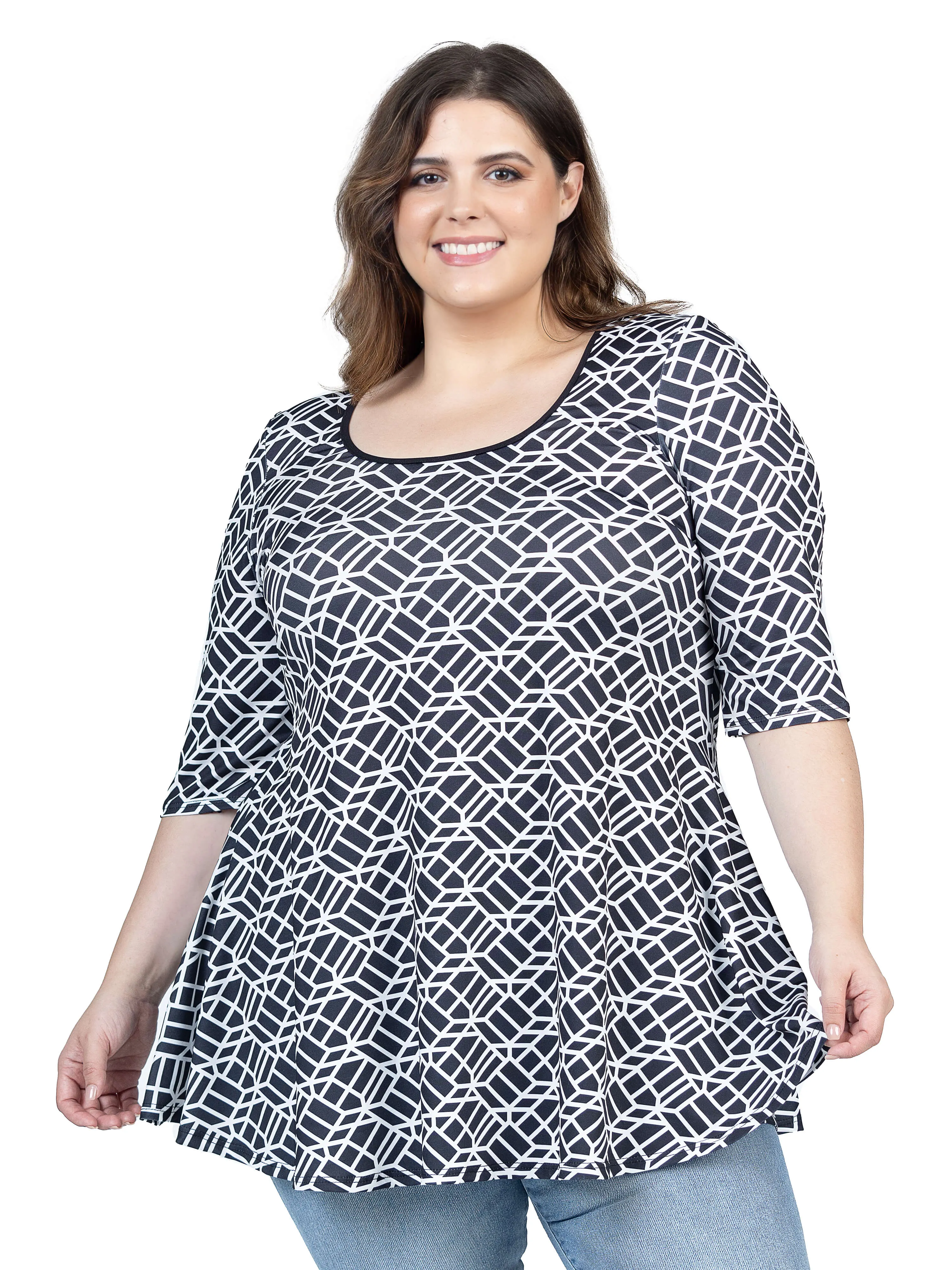 Plus Size Black Geometric Print Elbow Sleeve Casual Tunic Top