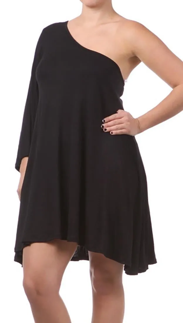 Plus Size One Shoulder Dress with Dolman Sleeve in Black