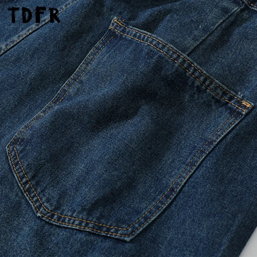 Pocket Cargo Jeans Mens Washed Casual Streetwear Loose Wide Leg Denim Pants