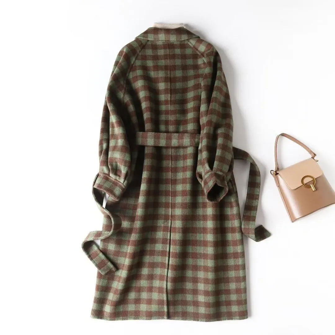 Pre Order:  Monochrome Green Plaid Woolen Long Coat