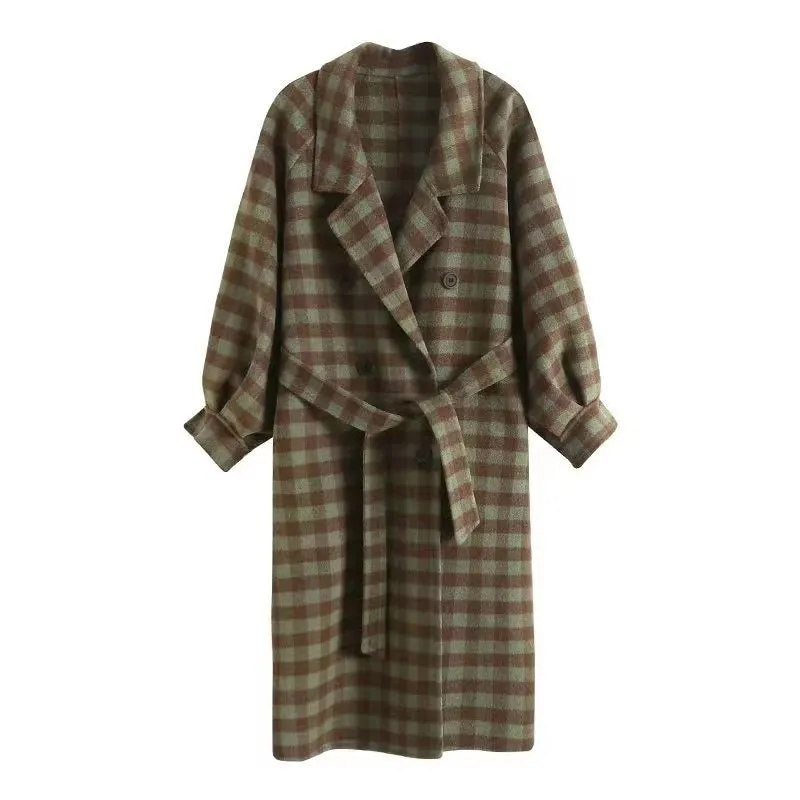 Pre Order:  Monochrome Green Plaid Woolen Long Coat