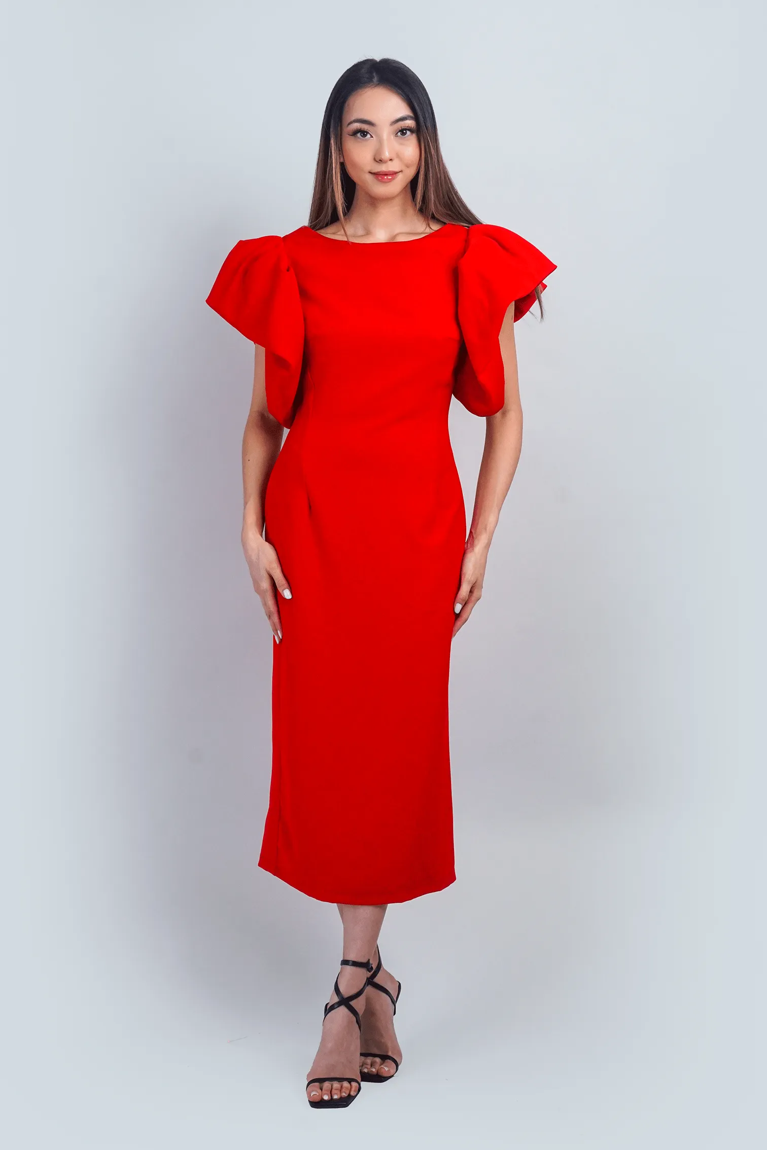 Red Puff Sleeves Midi Dress