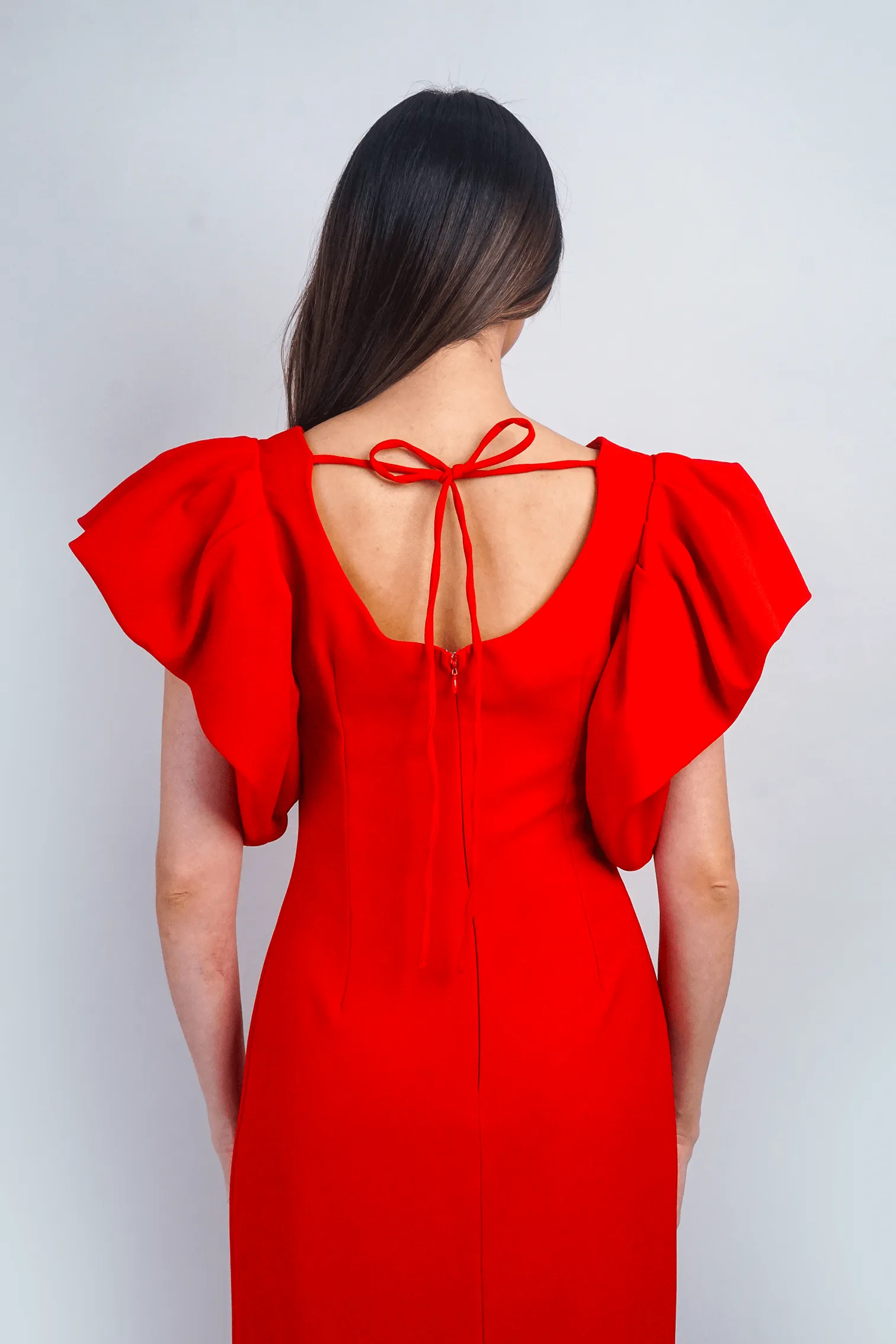 Red Puff Sleeves Midi Dress