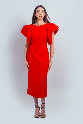 Red Puff Sleeves Midi Dress