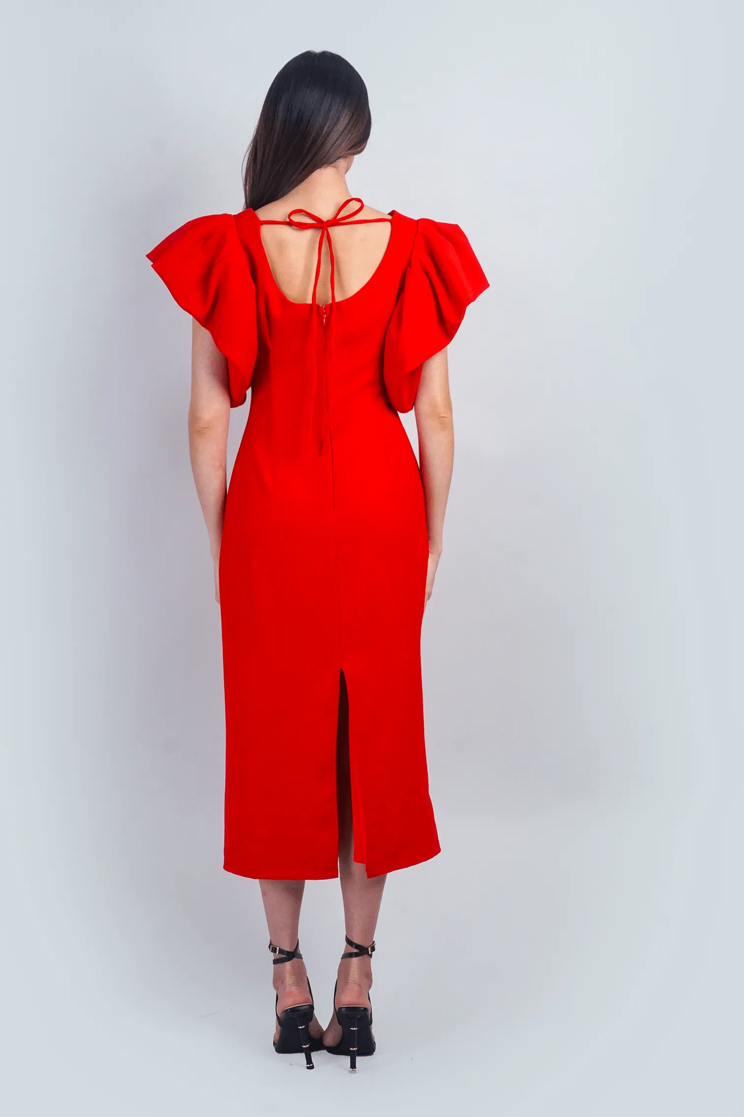 Red Puff Sleeves Midi Dress