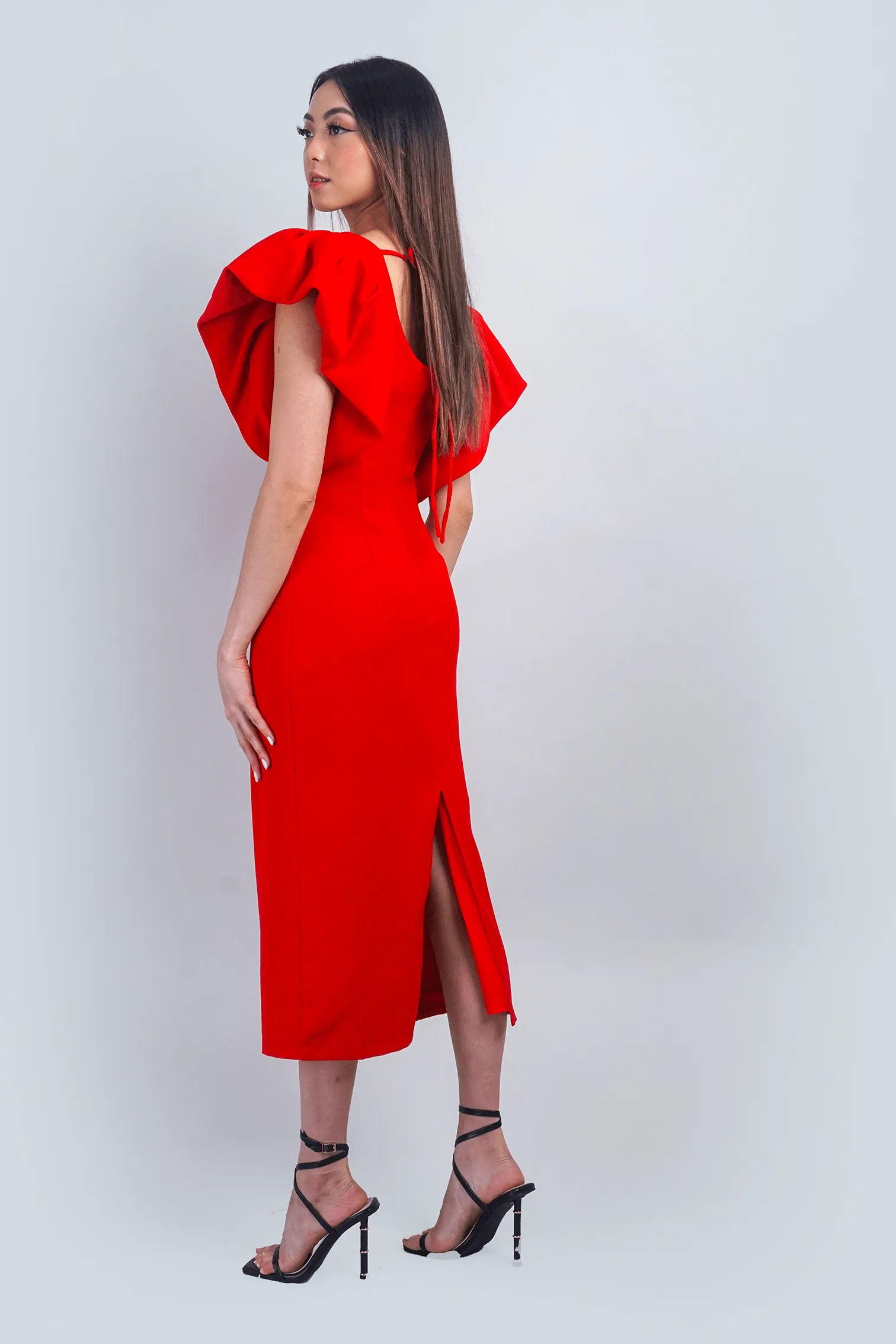 Red Puff Sleeves Midi Dress