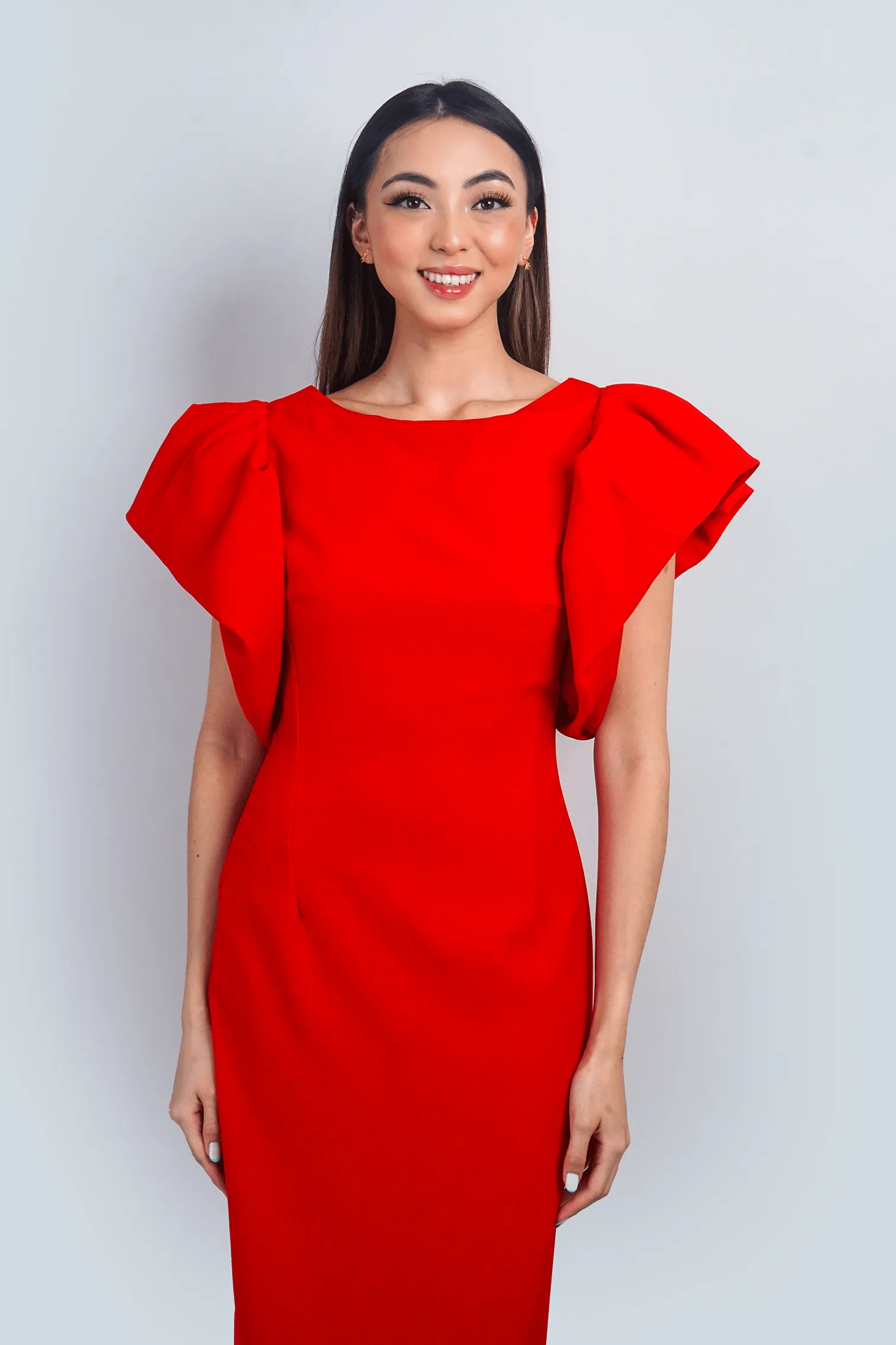 Red Puff Sleeves Midi Dress