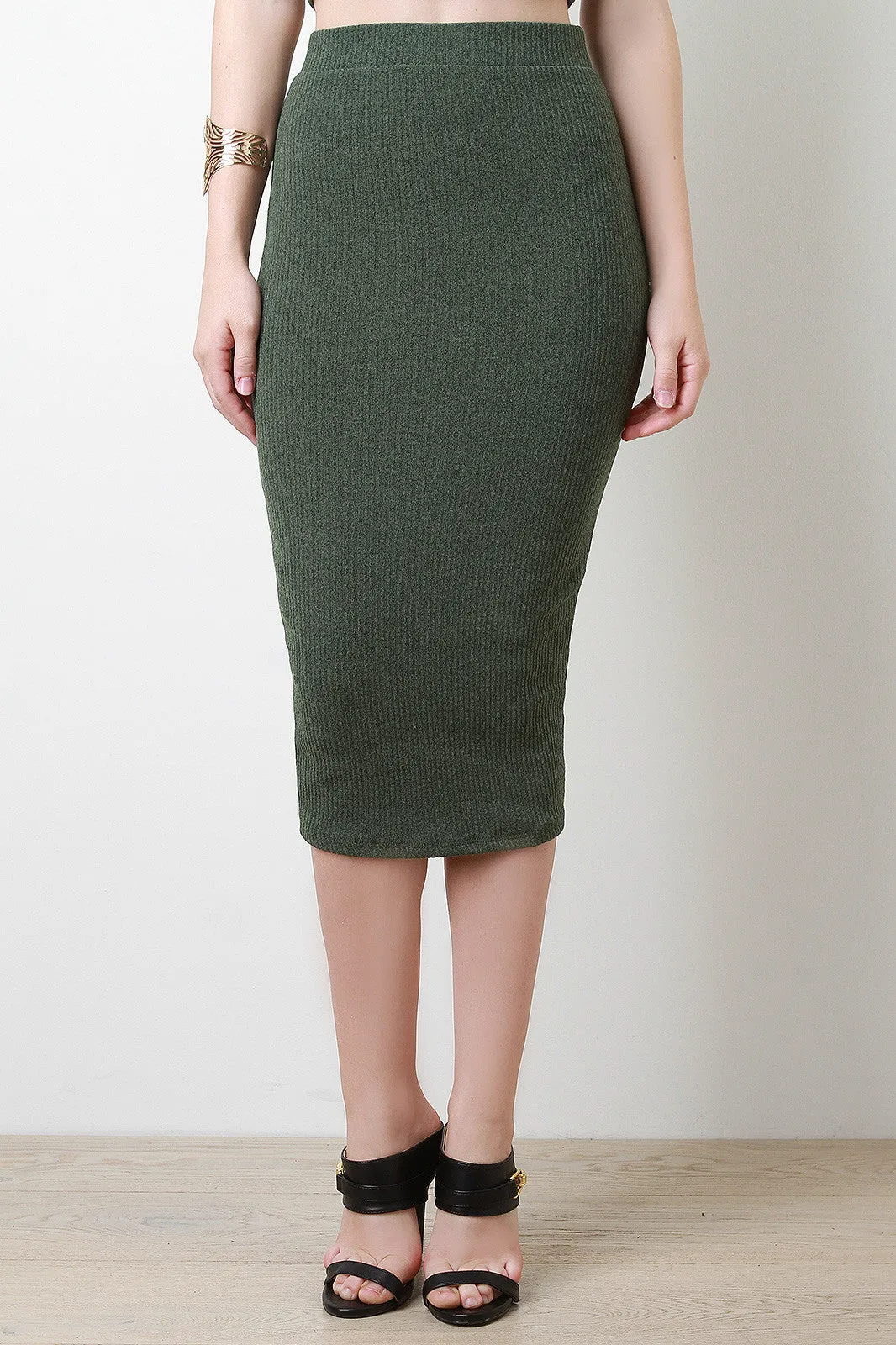 Rib Knit Pencil Cut Midi Skirt