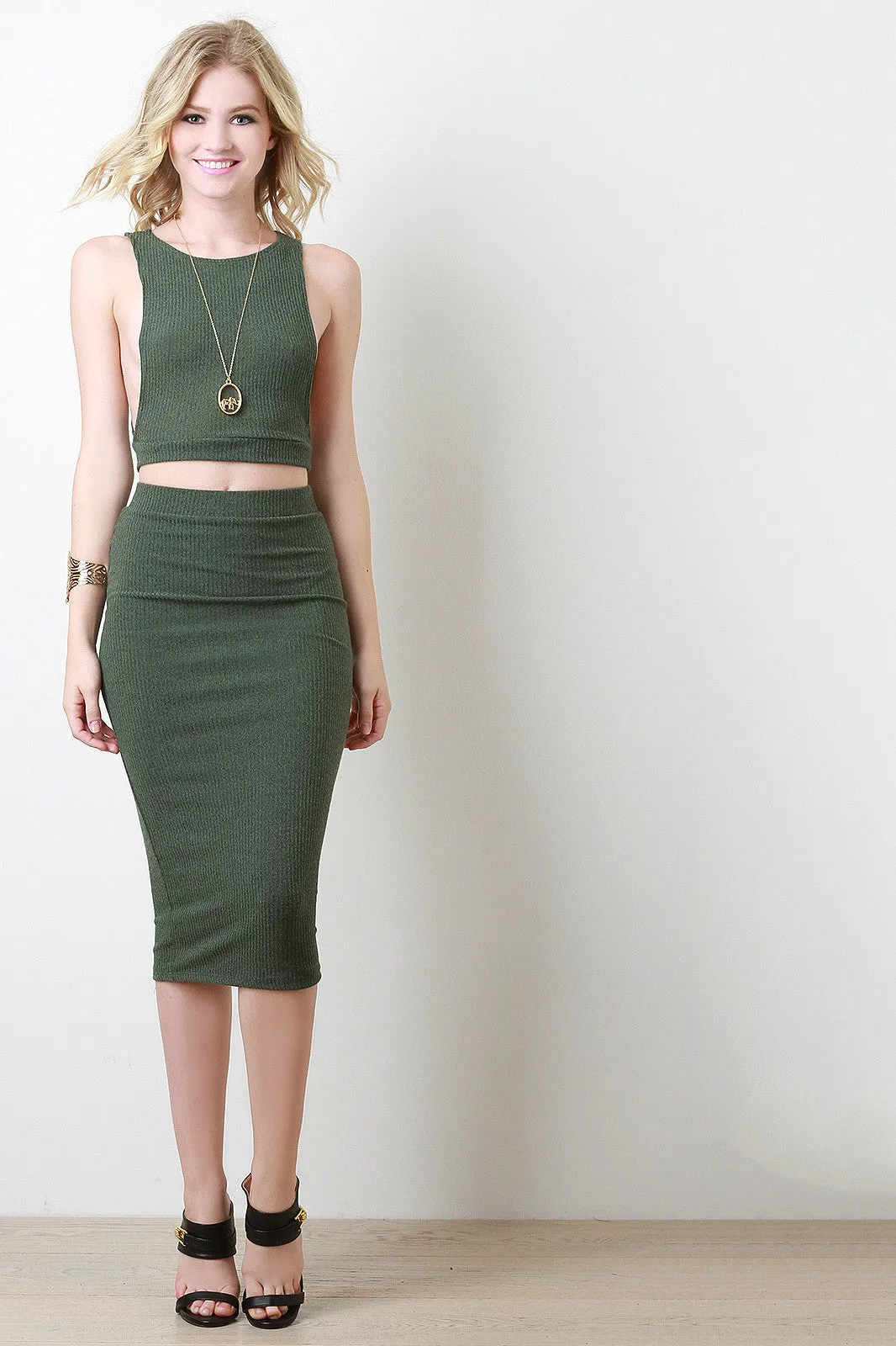 Rib Knit Pencil Cut Midi Skirt