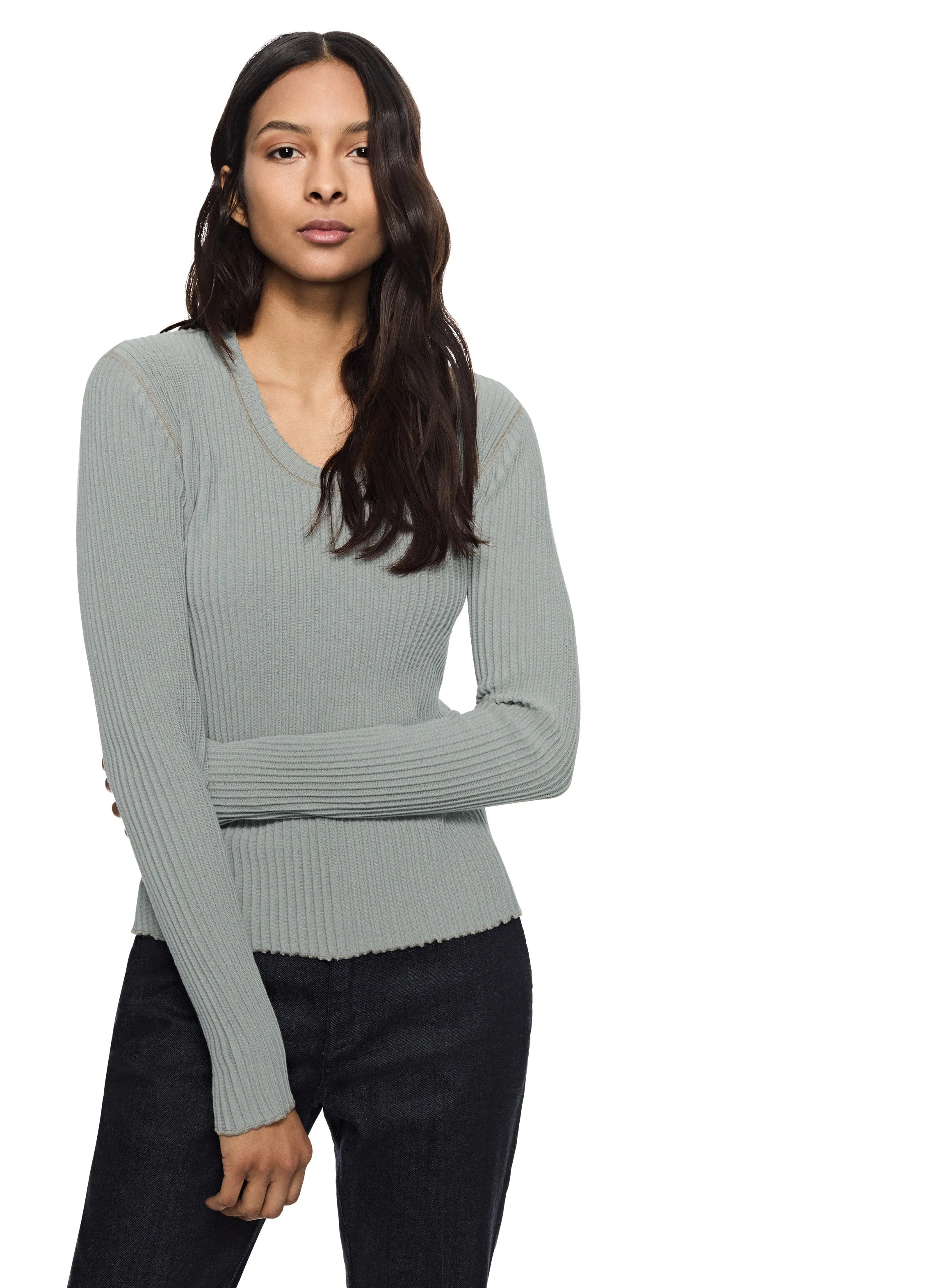 Ribbed Contrast-Stitch Crewneck Sweater (Misty Blue)