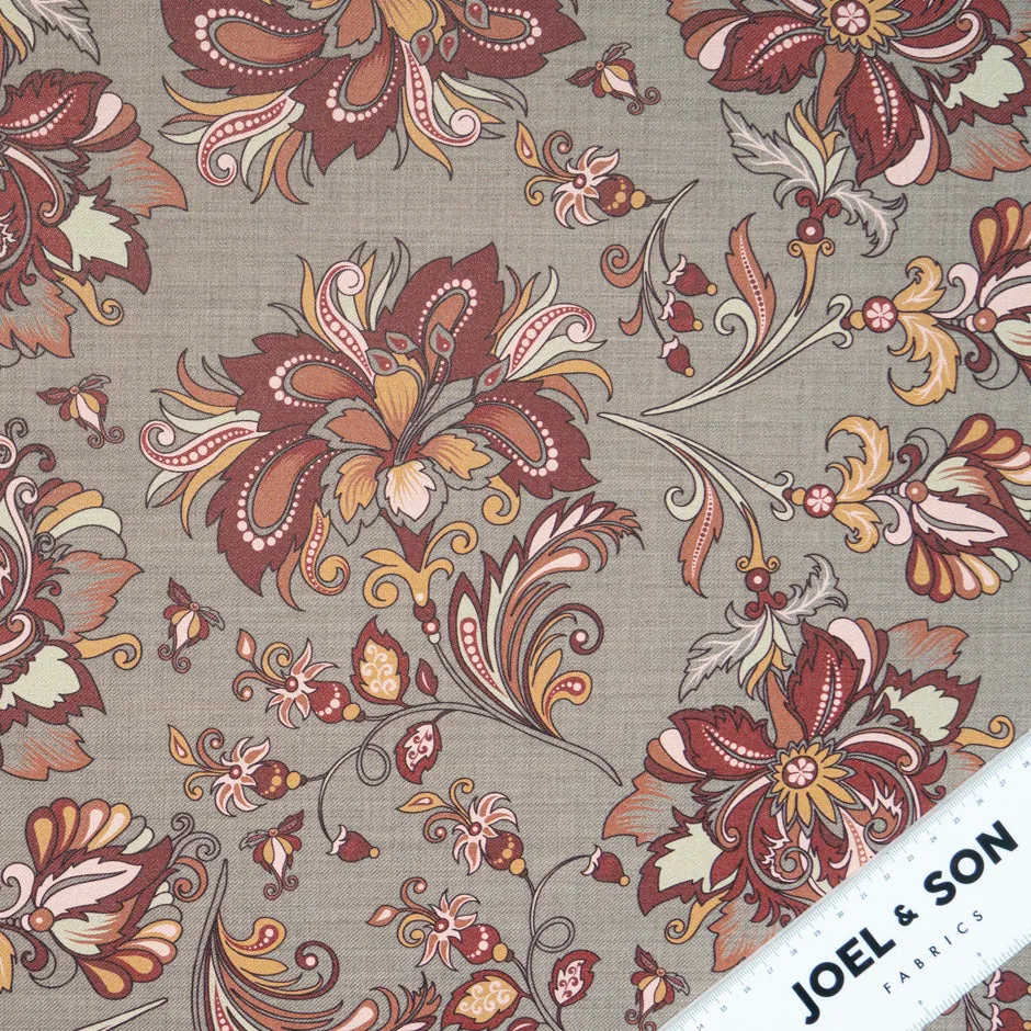 Rich Brown Floral Printed Stretch Wool