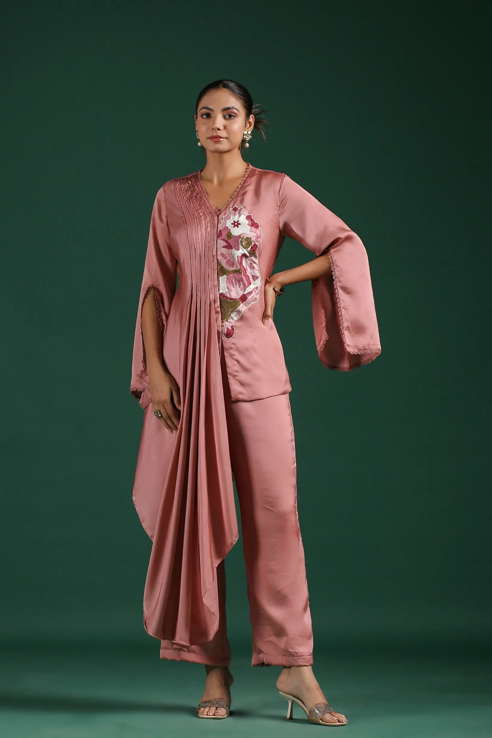 Rosewood Pink Embroidered Mulberry Silk Co-Ord Set