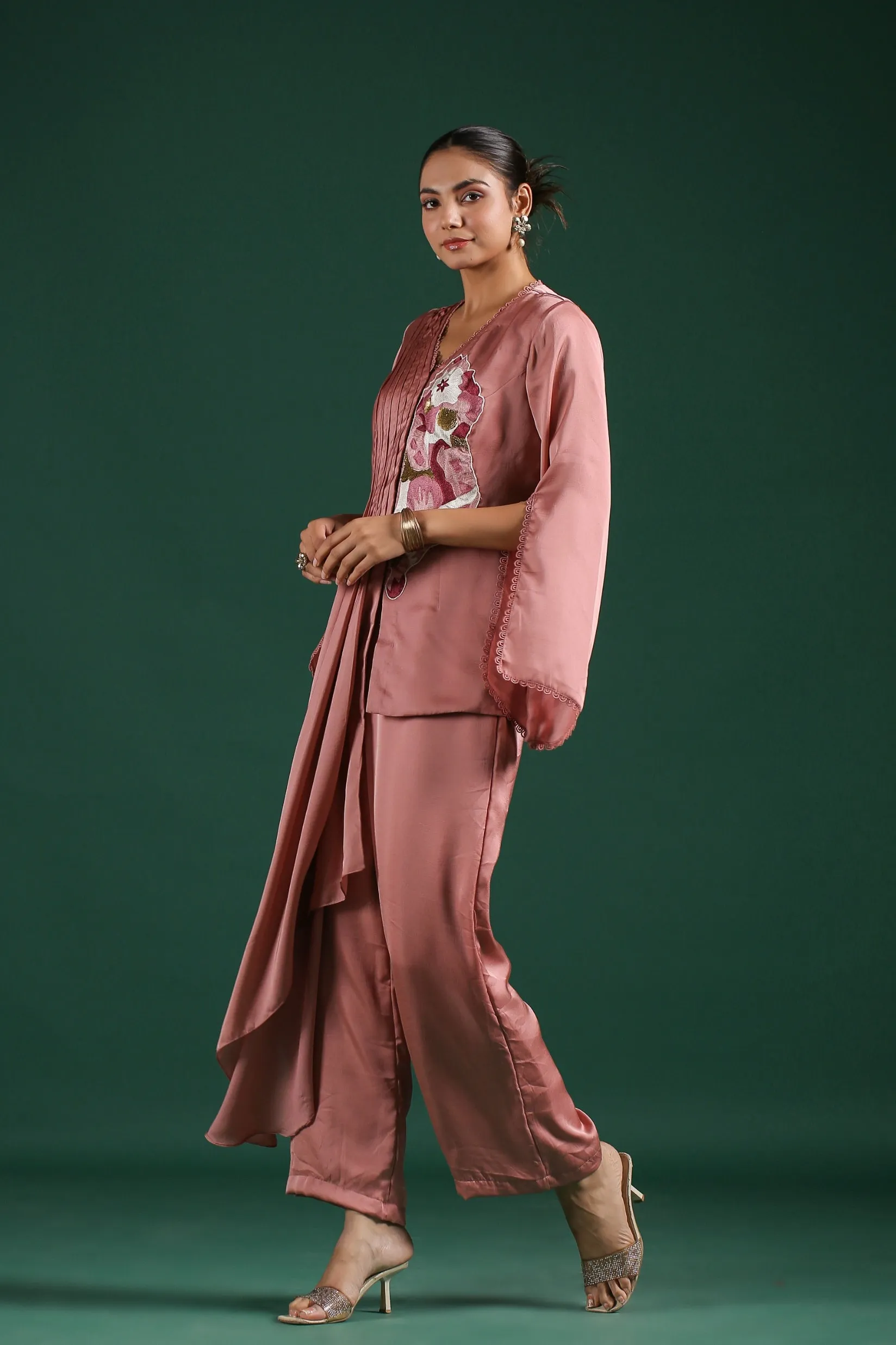 Rosewood Pink Embroidered Mulberry Silk Co-Ord Set