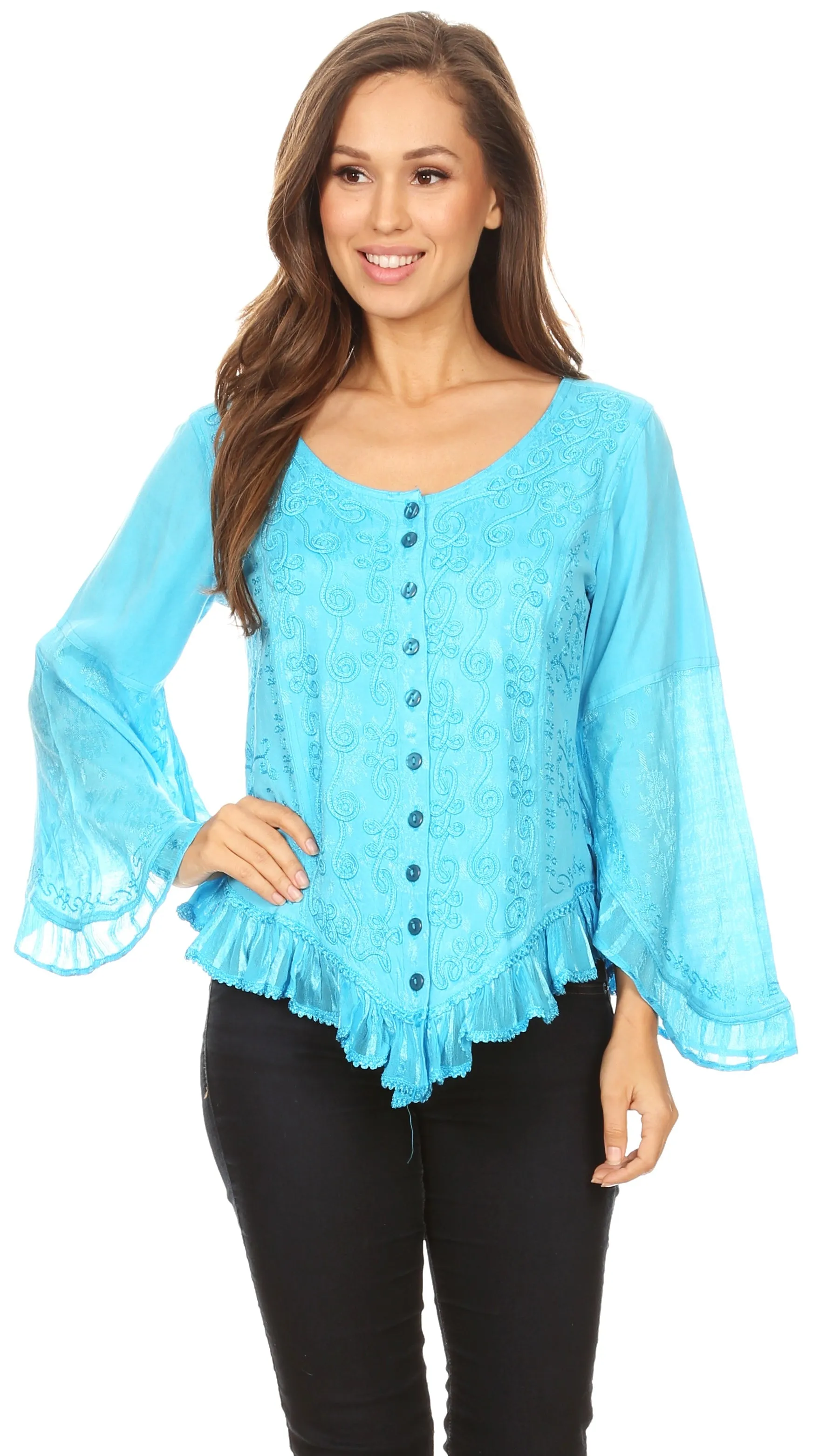 Sakkas Aura Womens Casual Ruffle Flare Crop Top Blouse Long Sleeves w/Embroidery