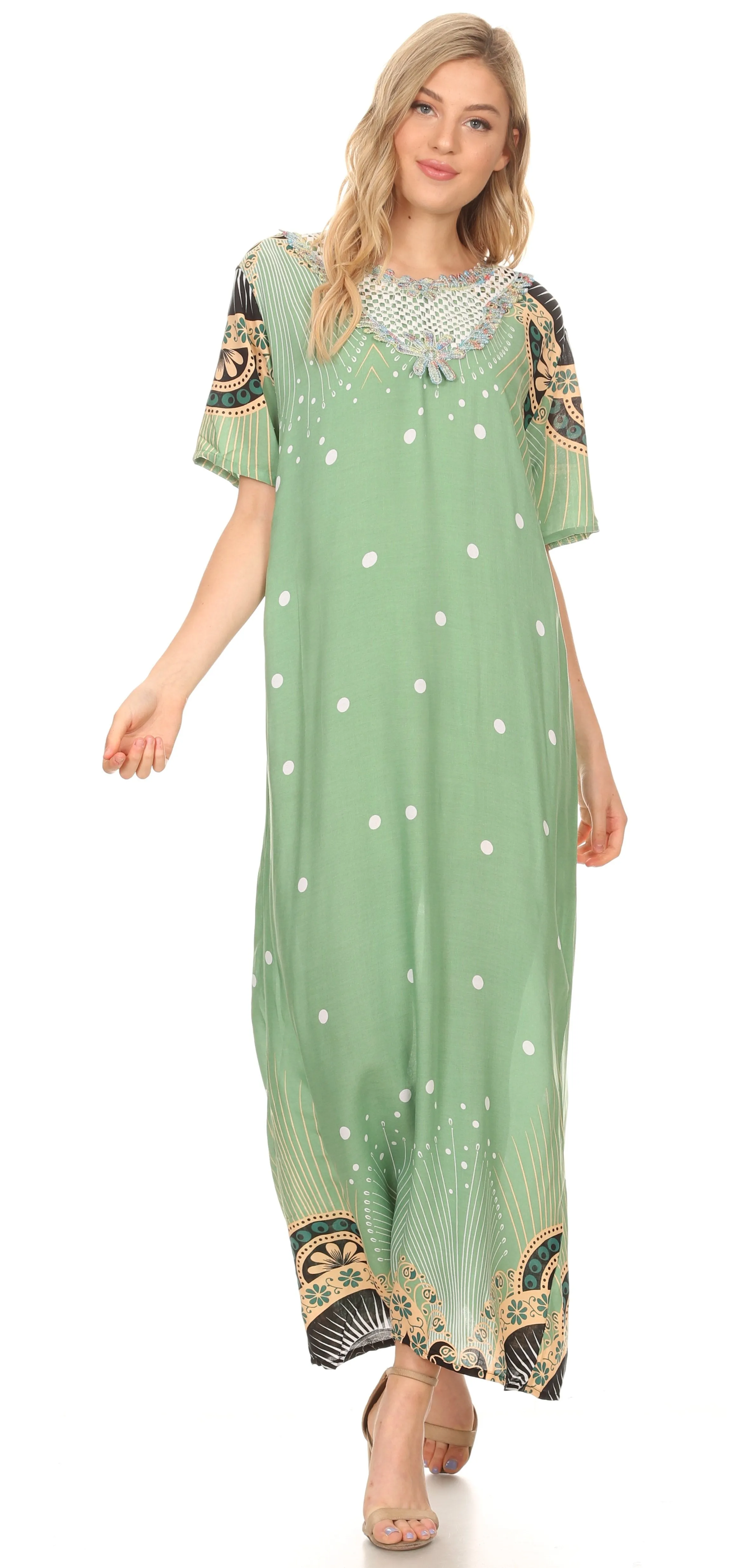 Sakkas Sabra Womens Long Casual Cover-up Tunic Kaftan V neck Dress