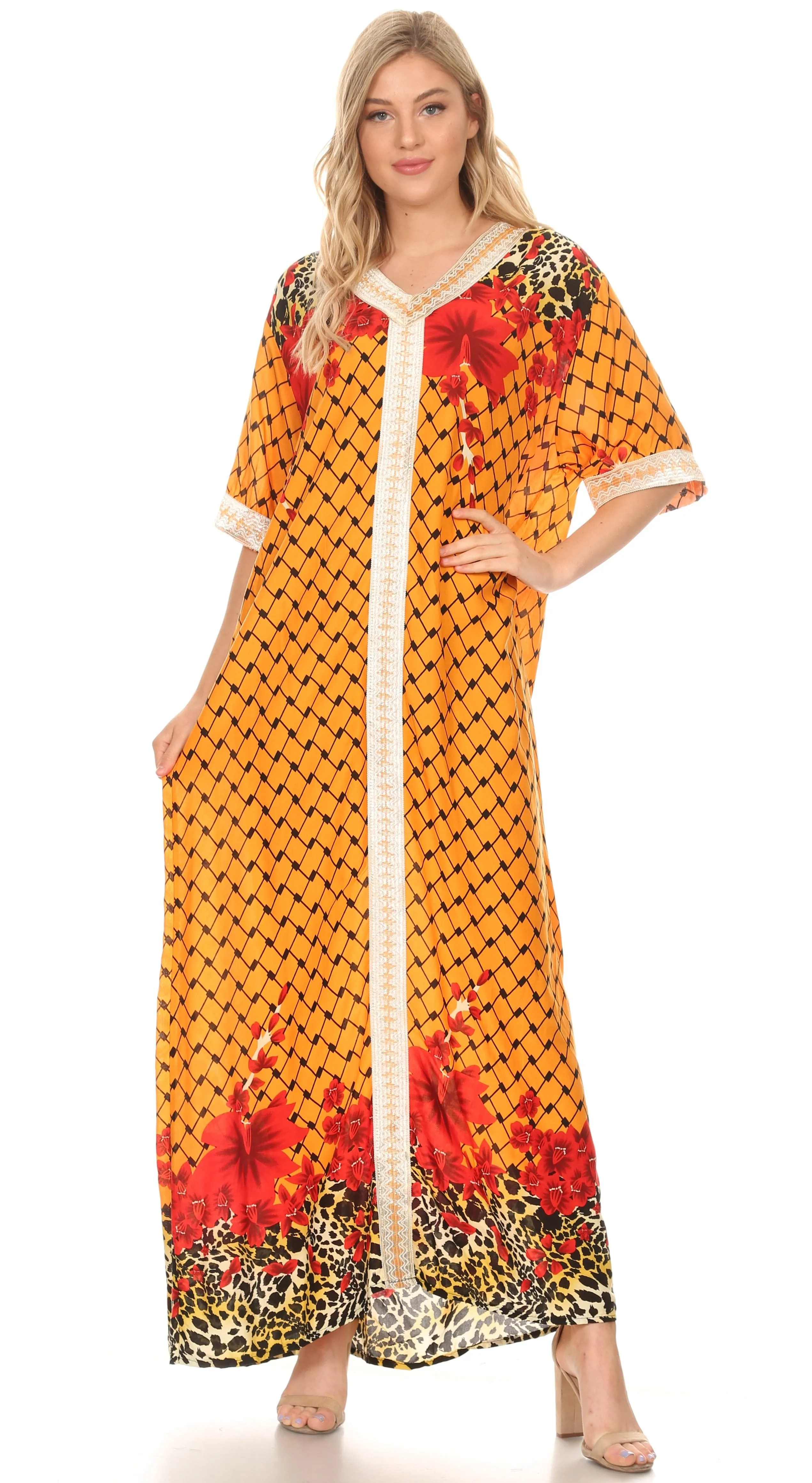 Sakkas Sabra Womens Long Casual Cover-up Tunic Kaftan V neck Dress