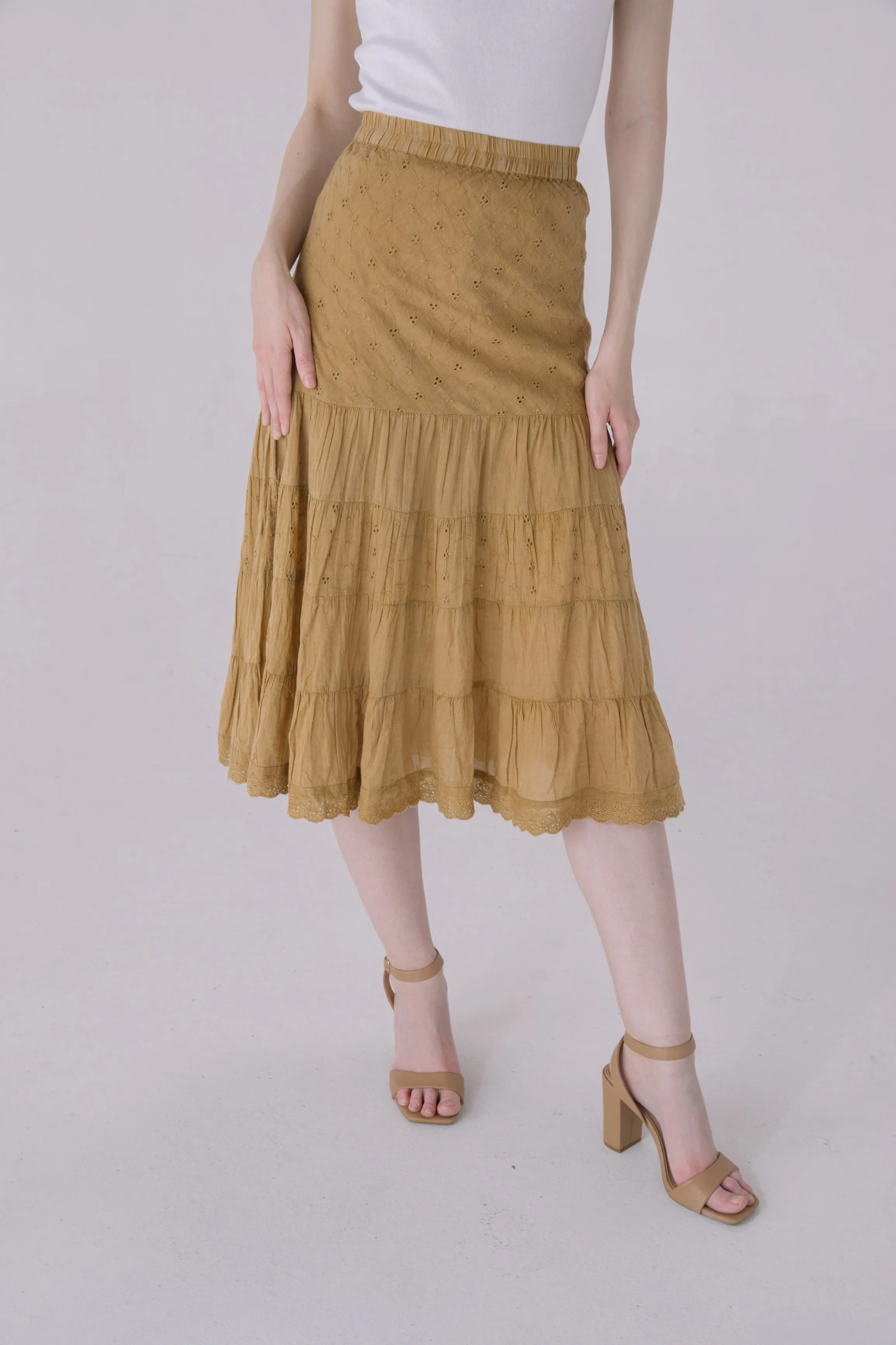 Sand Washed Eyelet Tiered Midi Skirt