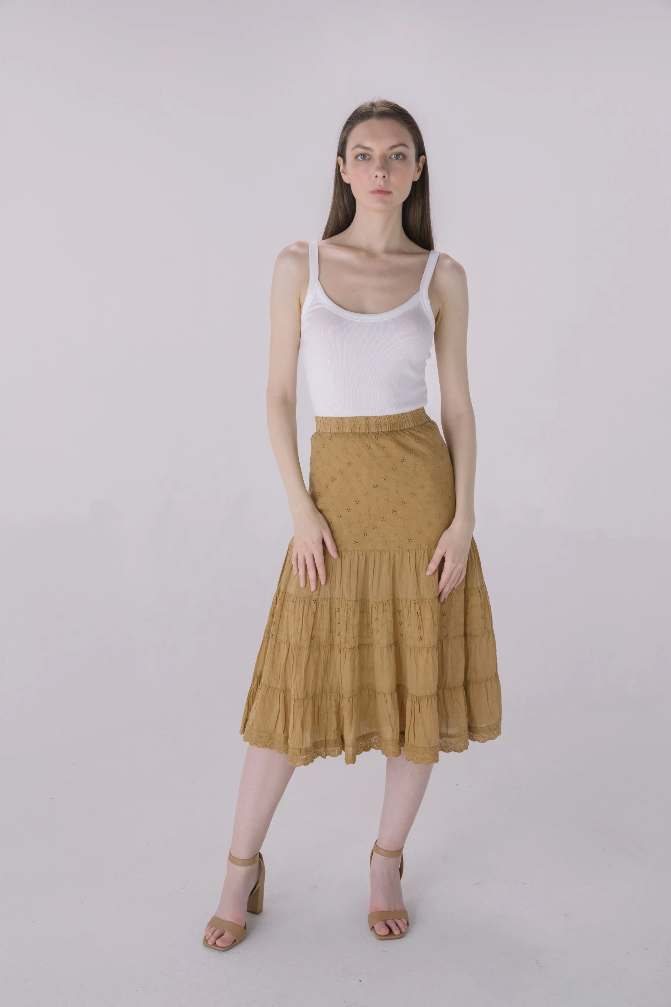 Sand Washed Eyelet Tiered Midi Skirt