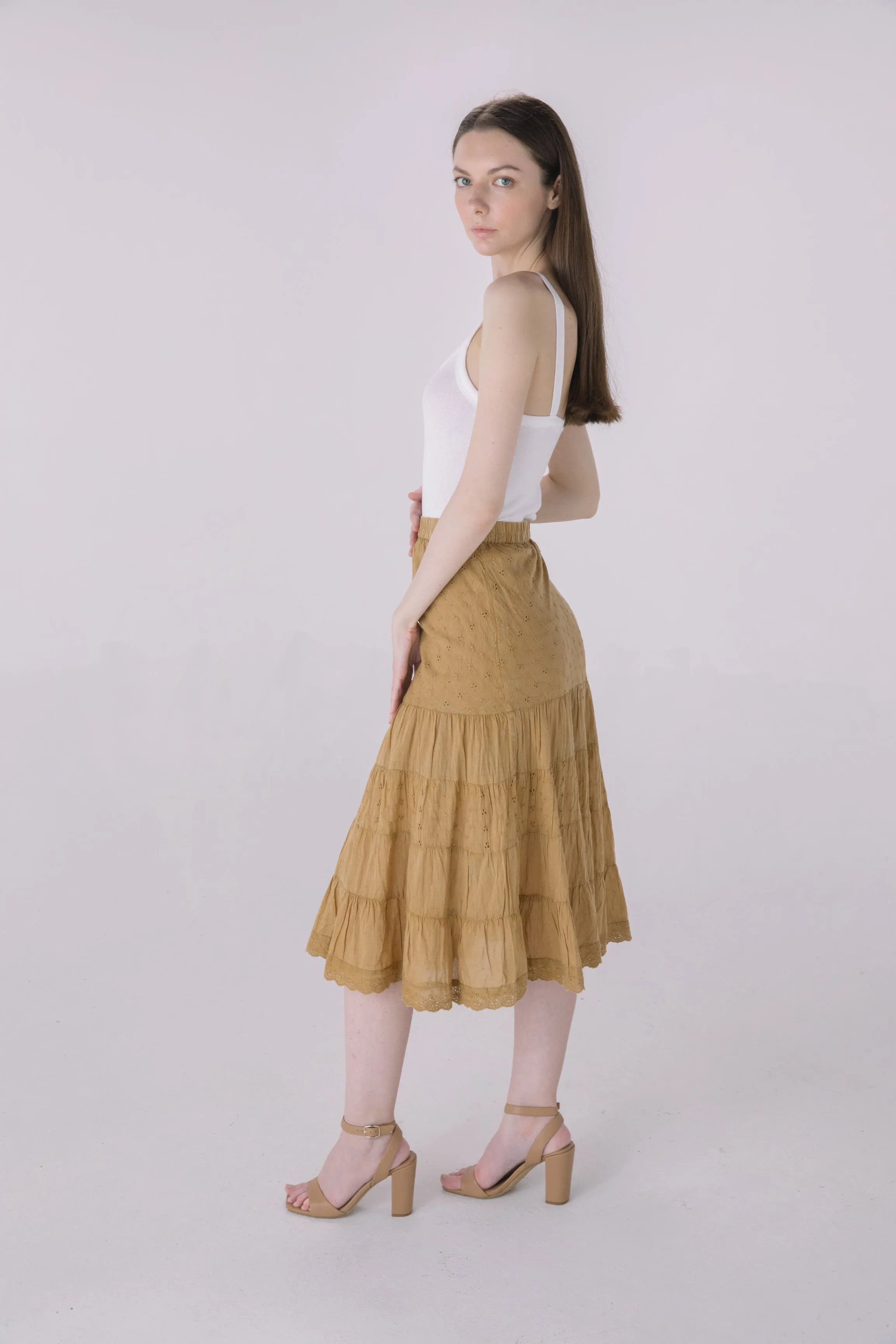 Sand Washed Eyelet Tiered Midi Skirt