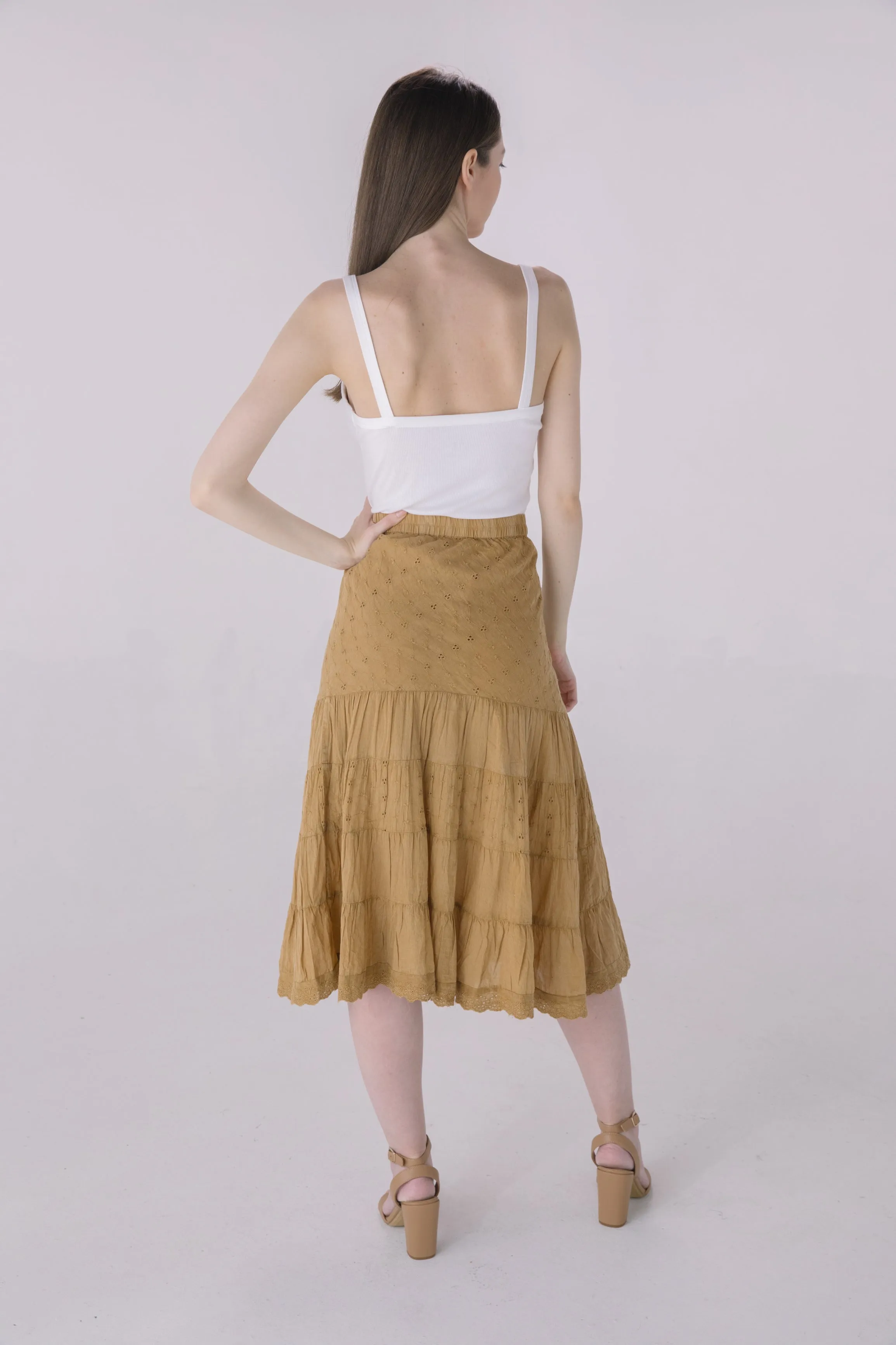 Sand Washed Eyelet Tiered Midi Skirt