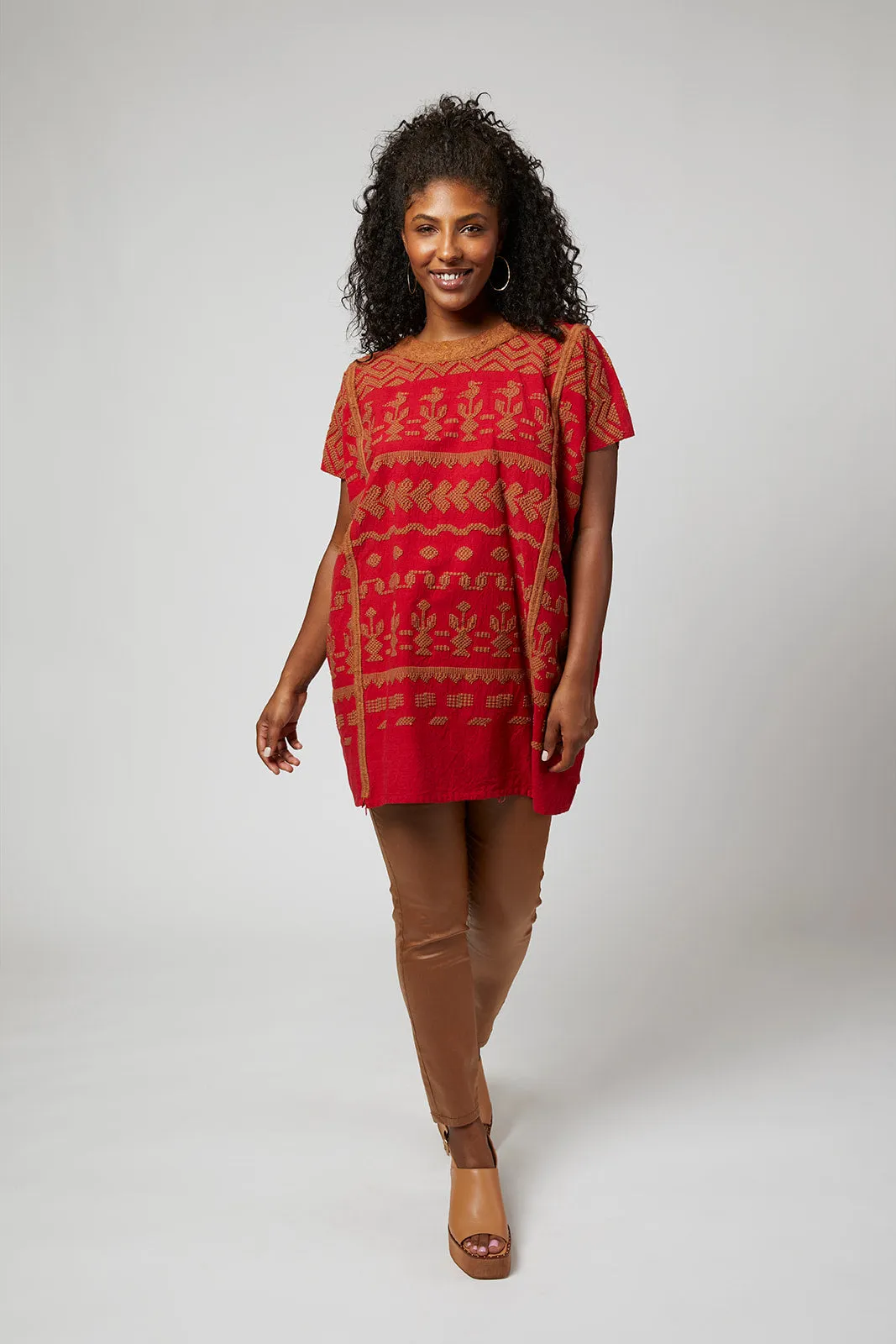 Santa Lucia Embroidered Guatemalan Tunic - Red, Brown