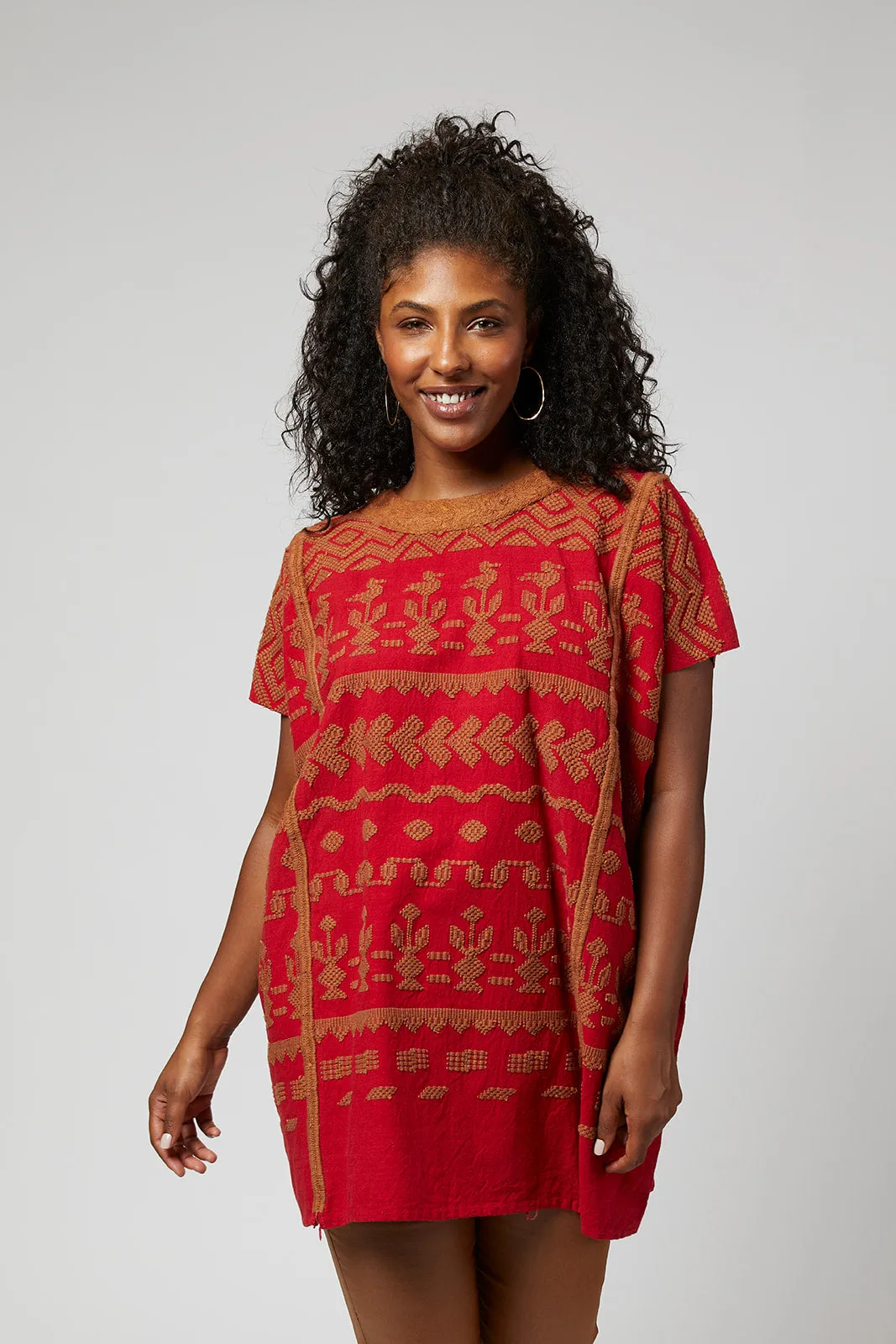 Santa Lucia Embroidered Guatemalan Tunic - Red, Brown