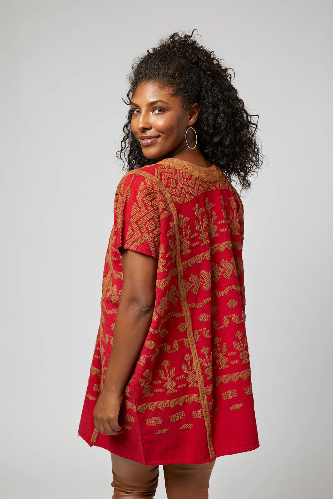 Santa Lucia Embroidered Guatemalan Tunic - Red, Brown