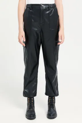 Senior Girls Black Leather Cargo Pants