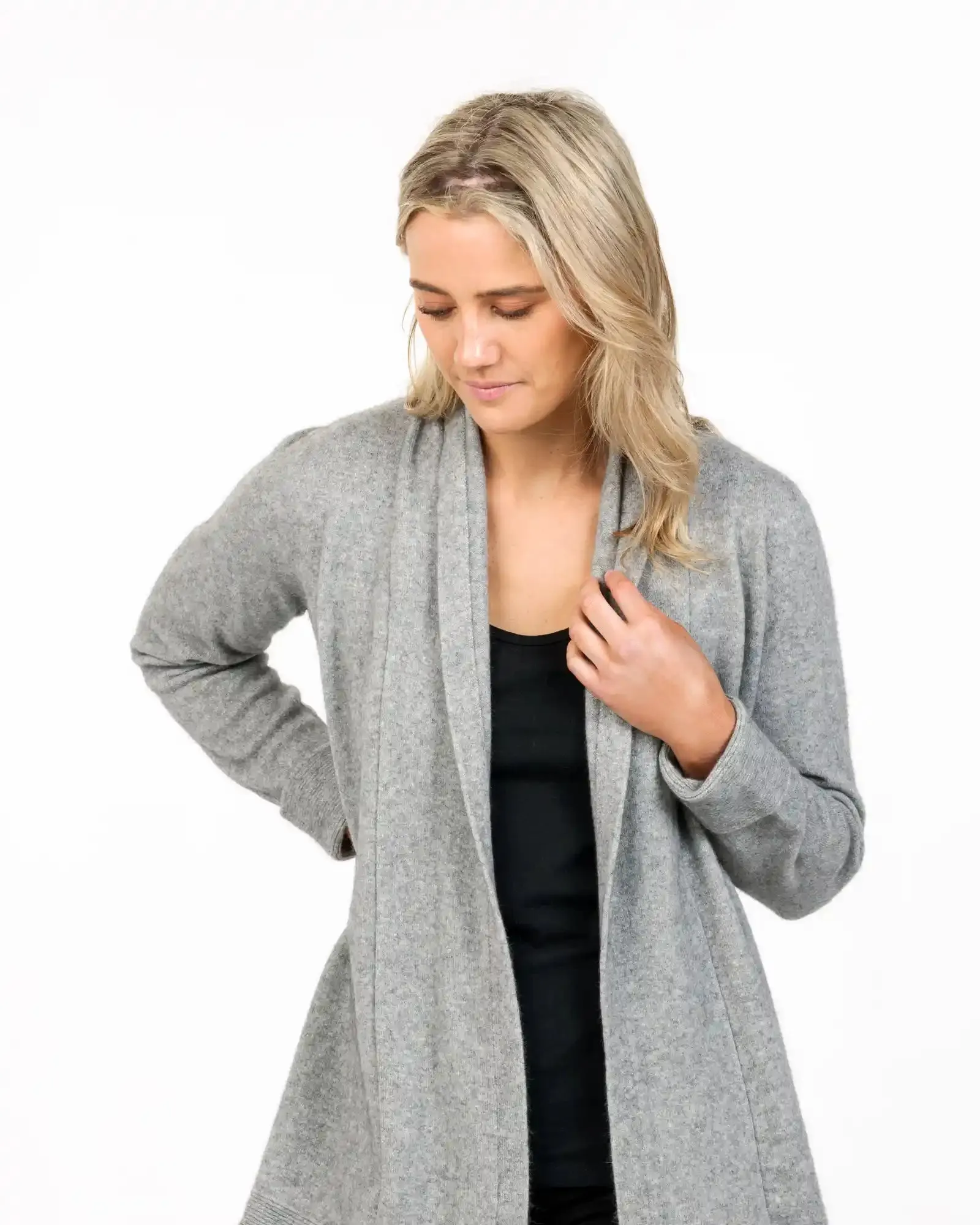 Silver Grey Women's Long Merino Wrap Jacket - NB498