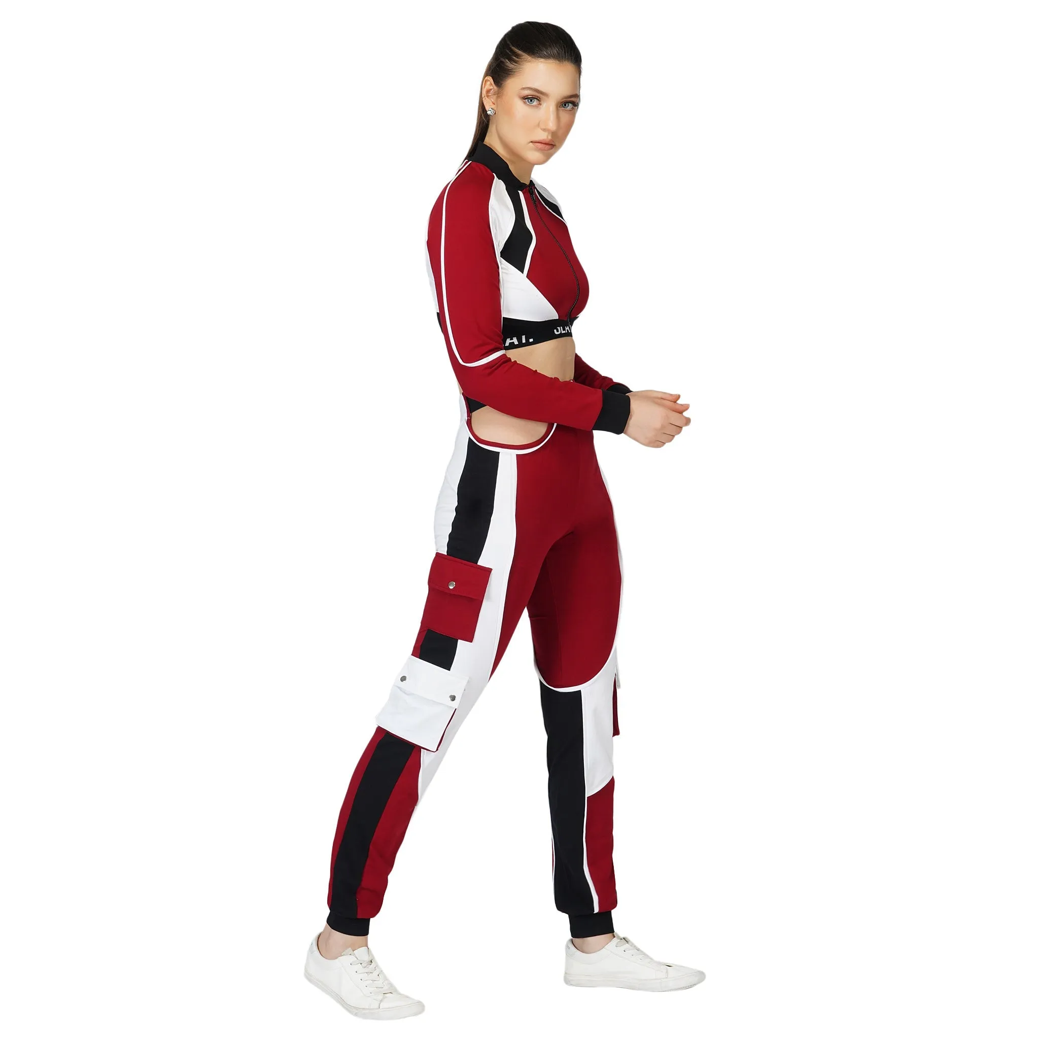 SLAY. Women's Red Activewear High Waist Red Colorblock Cargo Jogger Pants Streetwear