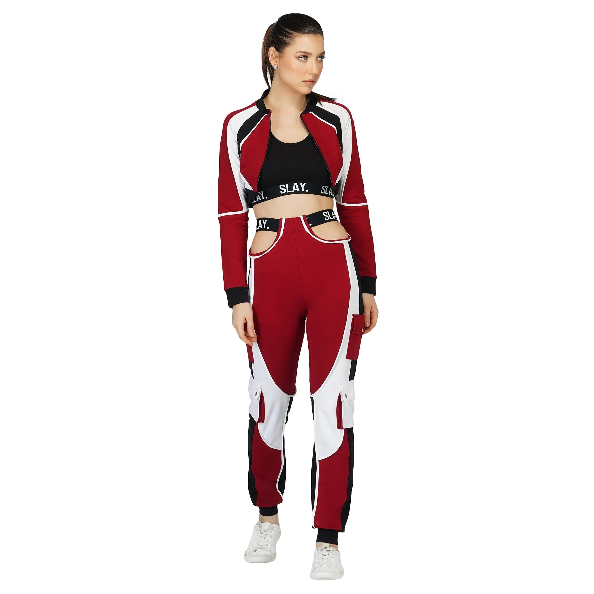 SLAY. Women's Red Activewear High Waist Red Colorblock Cargo Jogger Pants Streetwear