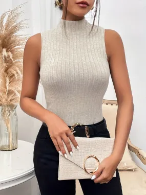 Sleek Ribbed Knit Mock Neck Tank Top for Women